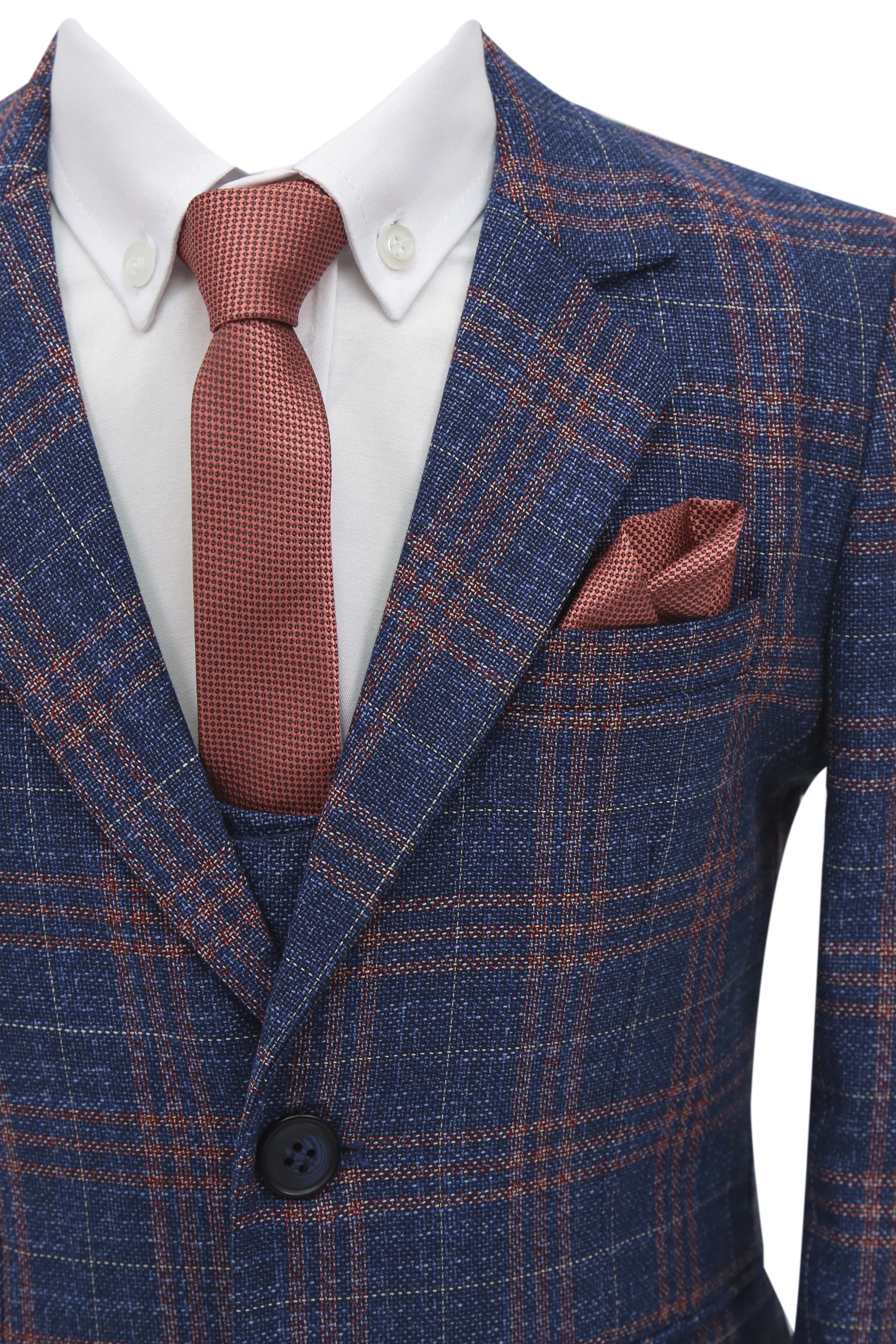 Boys 7 Pieces Check Plaid Suit Set - Navy Blue