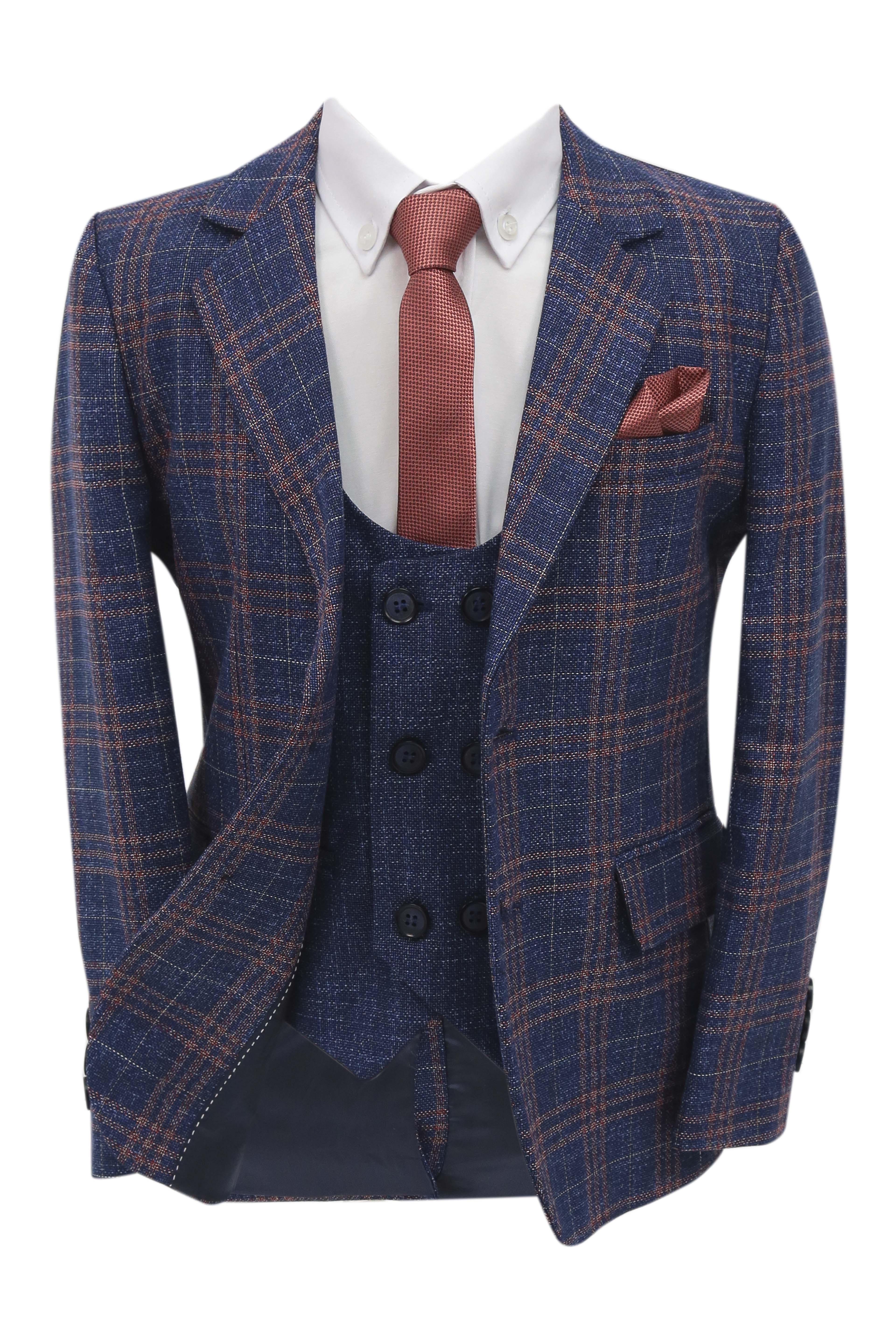 Boys 7 Pieces Check Plaid Suit Set - Navy Blue
