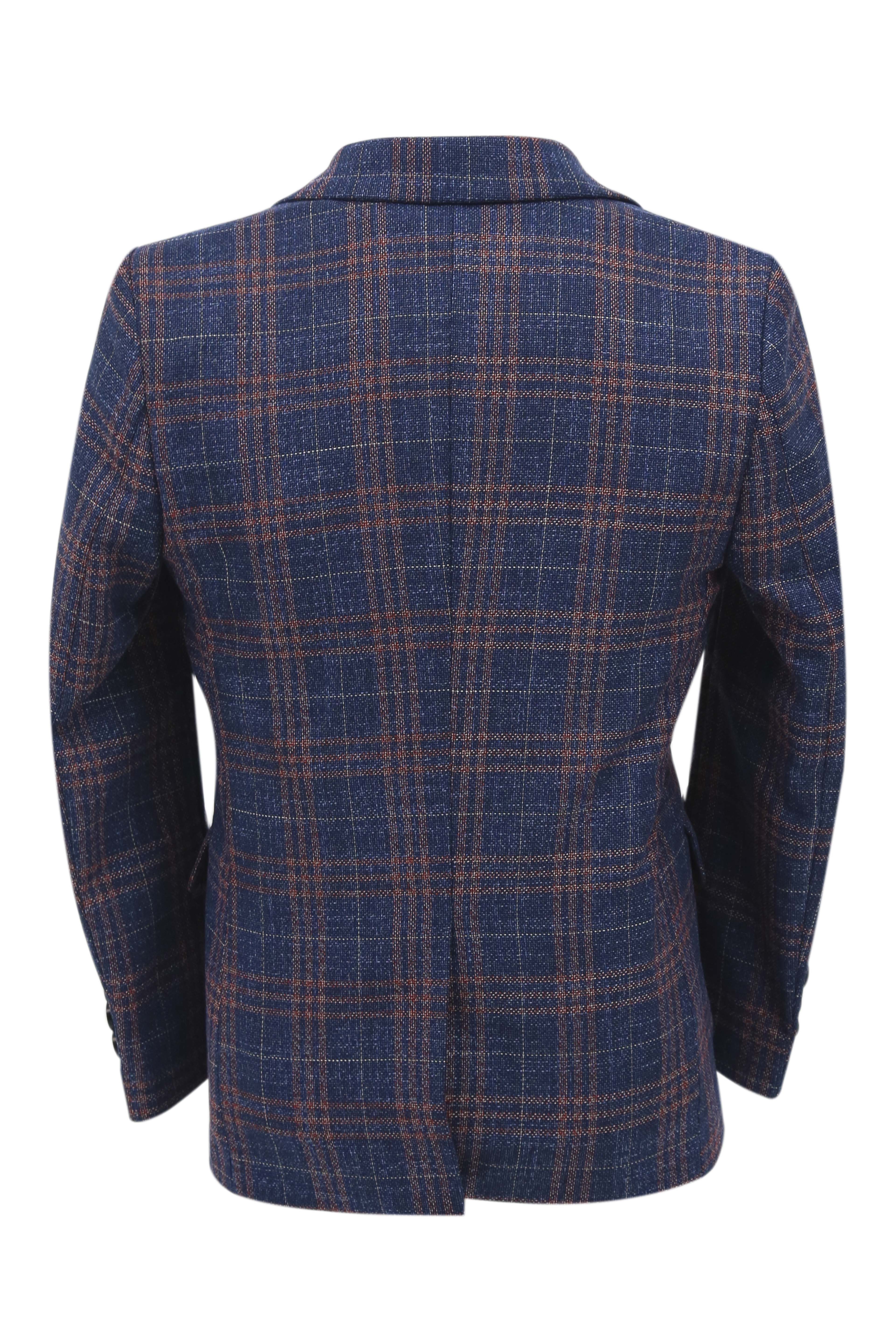 Boys 7 Pieces Check Plaid Suit Set - Navy Blue
