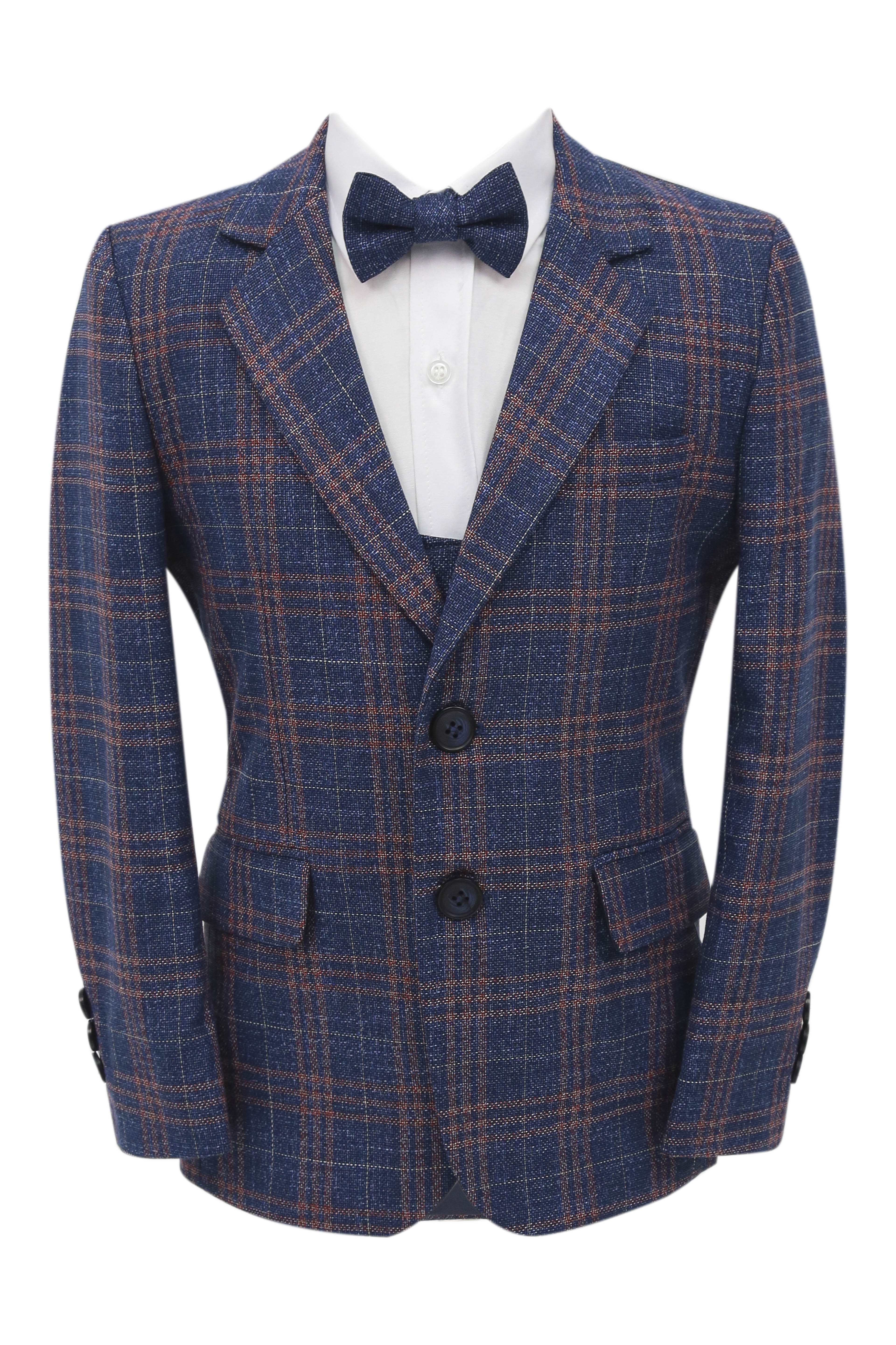 Boys 7 Pieces Check Plaid Suit Set - Navy Blue