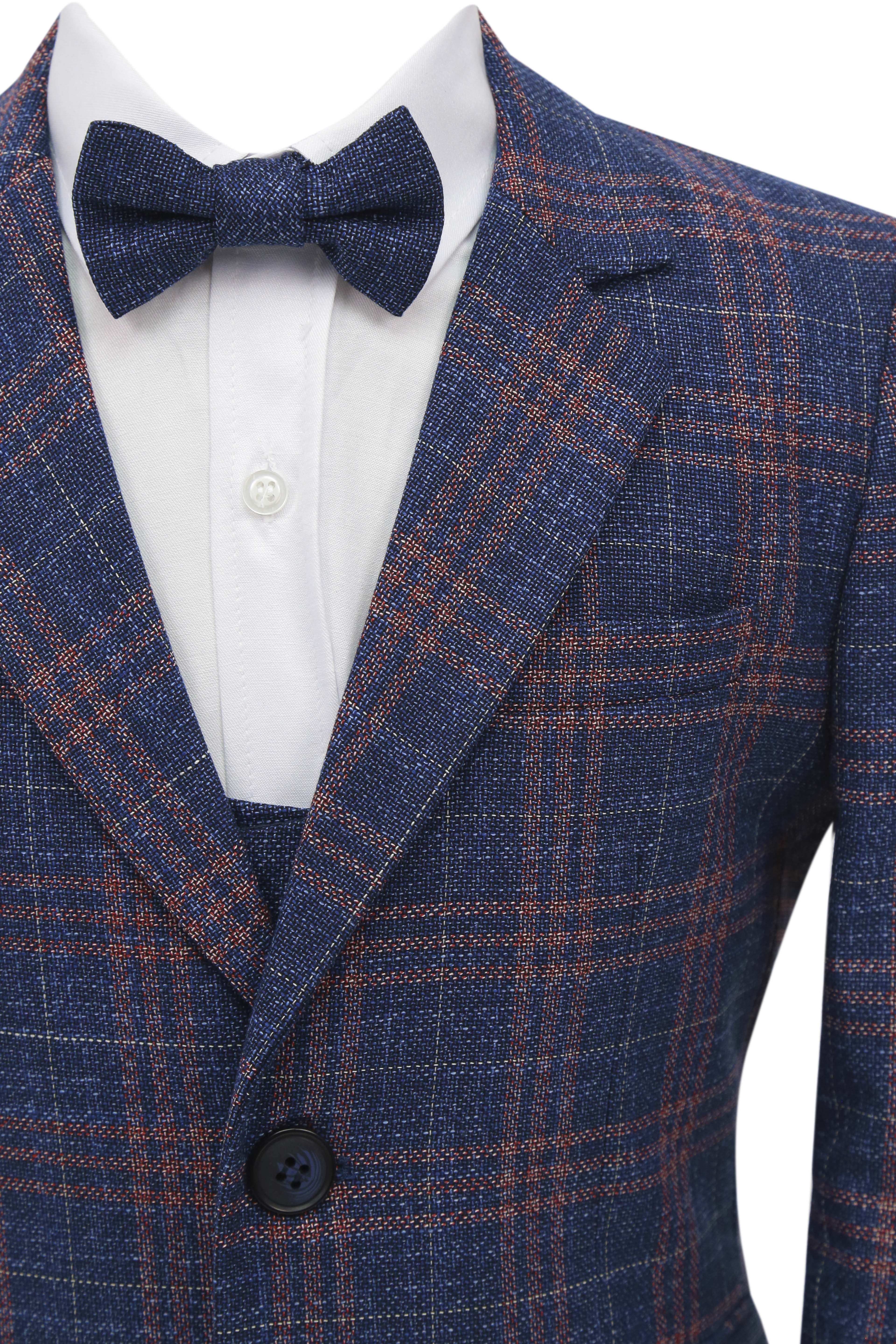 Boys 7 Pieces Check Plaid Suit Set - Navy Blue