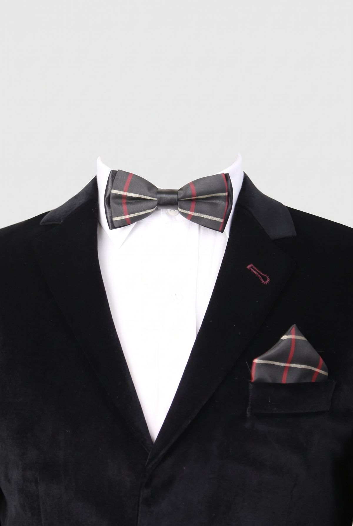 1. Boys checkered bow tie and matching pocket square styled with a formal suit in black and red