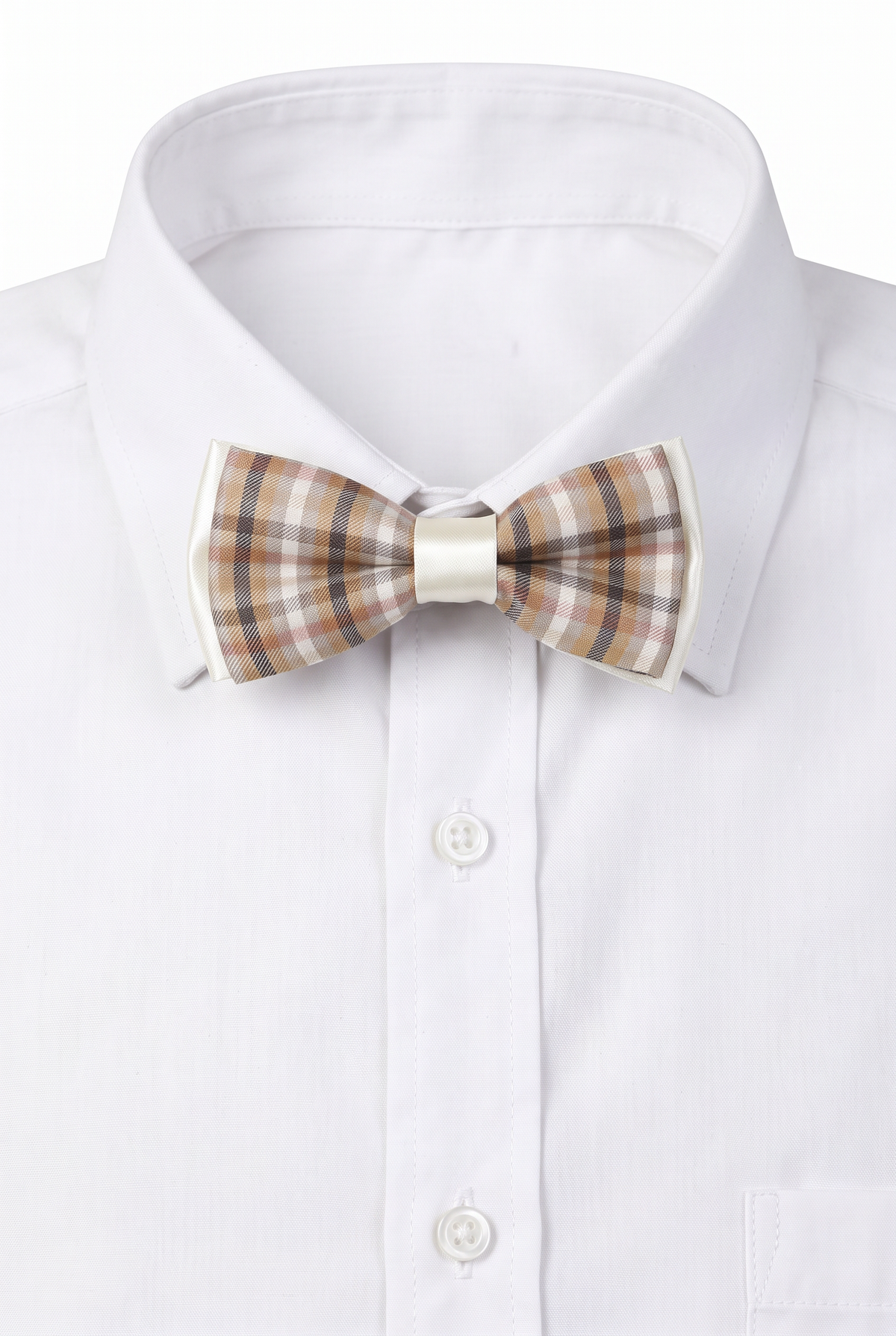 Boys checkered pre-tied bow tie worn with a white formal shirt in brown and white