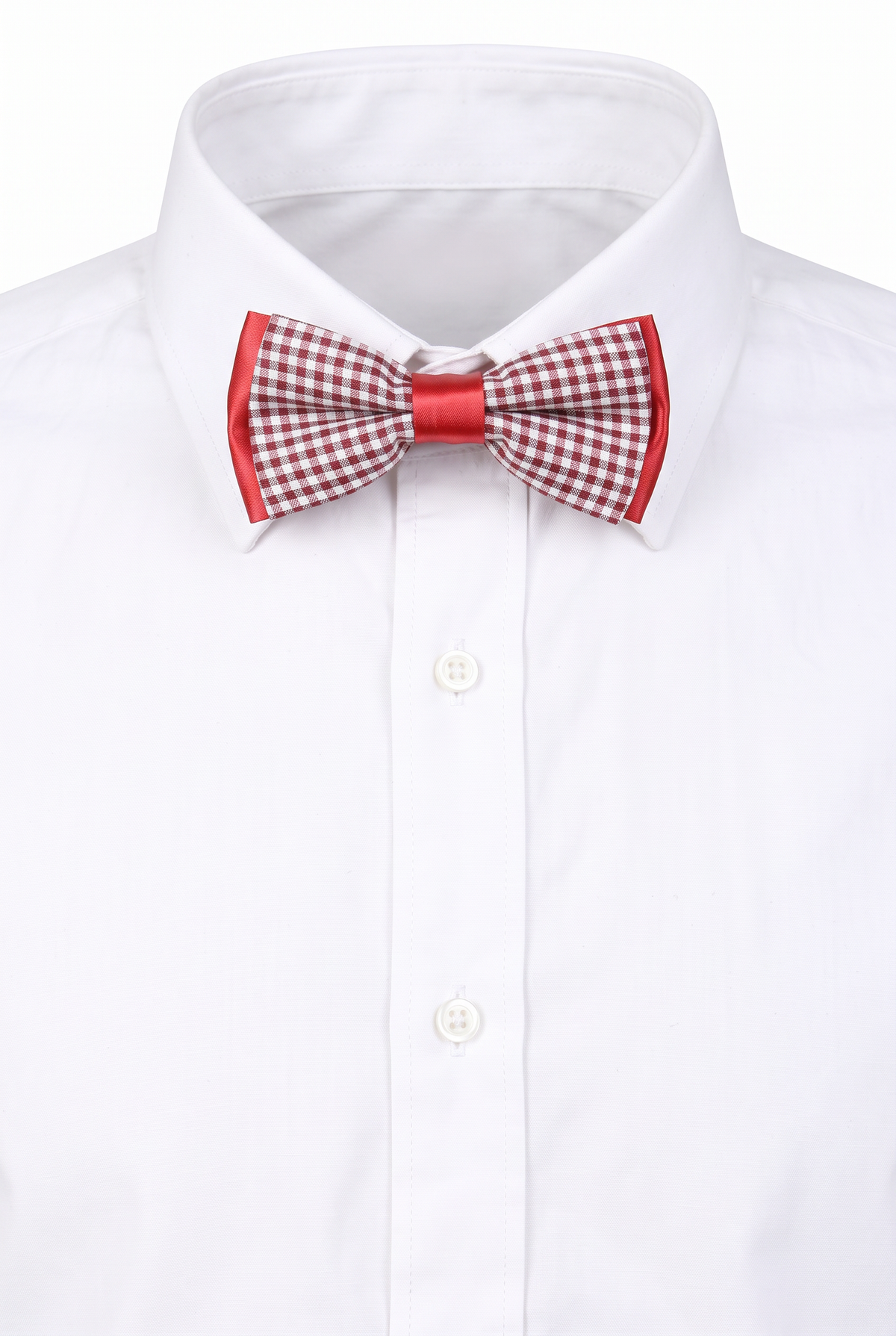 Boys checkered pre-tied bow tie worn with a white formal shirt in burgundy and grey