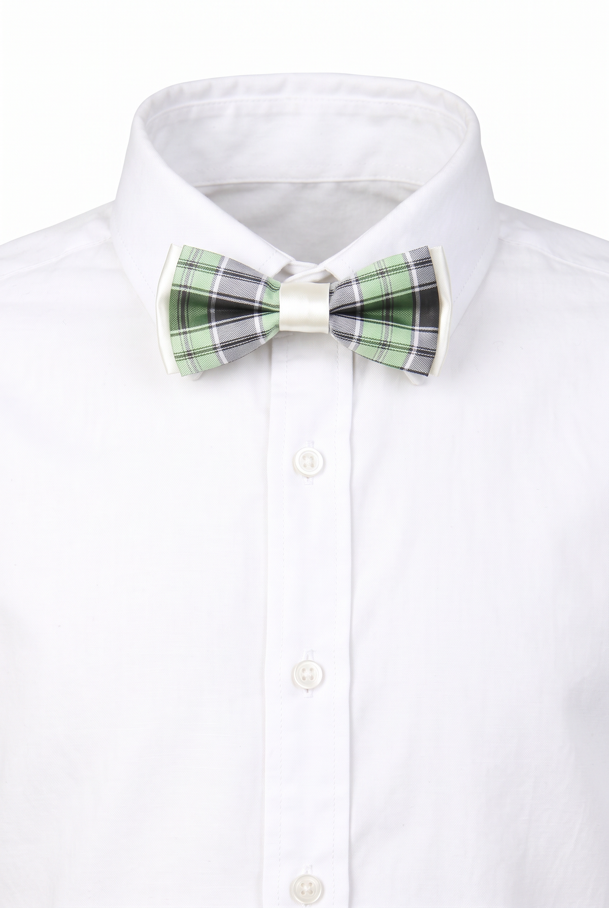 Boys checkered pre-tied bow tie worn with a white formal shirt in green and black