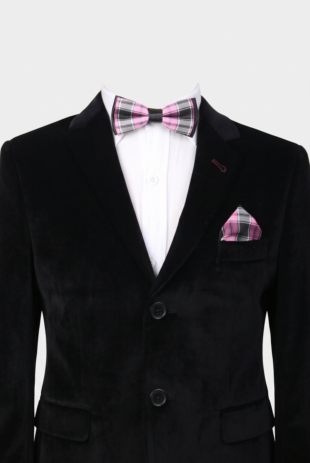 Boys checkered bow tie and matching pocket square styled with a formal suit in pink and grey