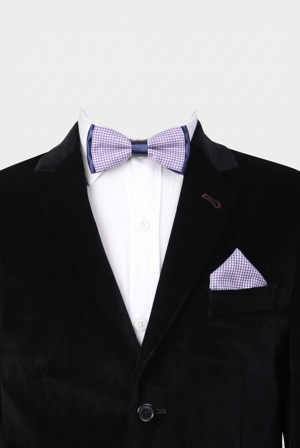 Boys checkered bow tie and matching pocket square styled with a formal suit in violet and white