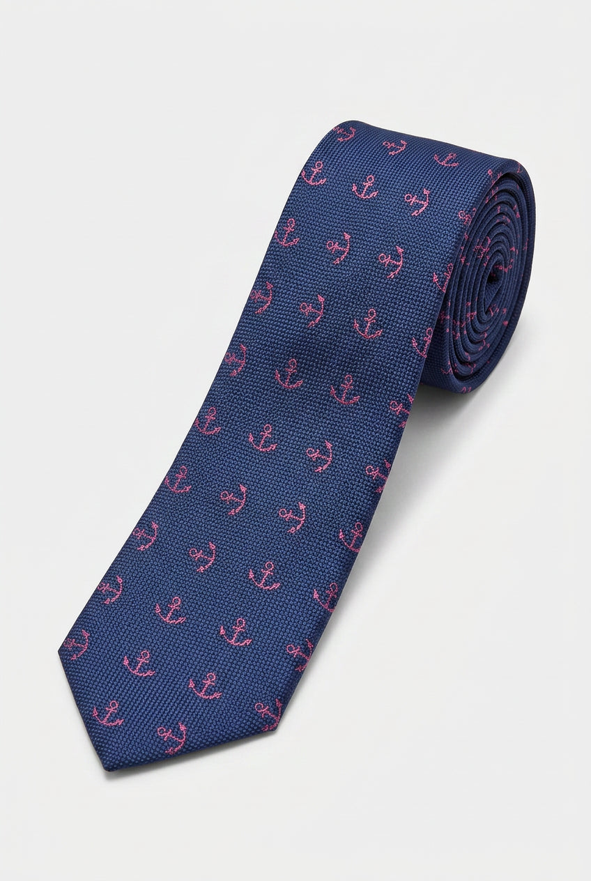 Boys Anchor Patterned Slim Tie - Navy & Purple