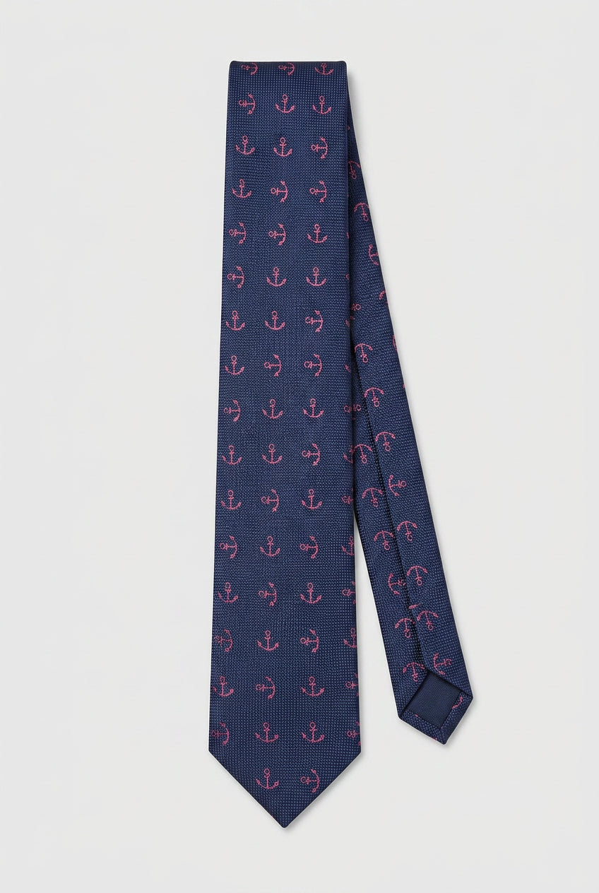Boys Anchor Patterned Slim Tie - Navy & Purple