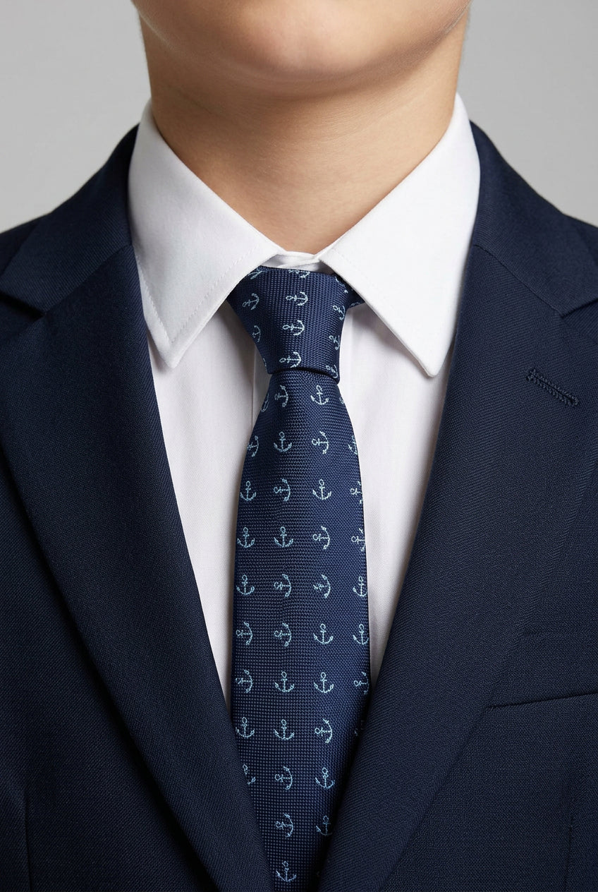 Boys Anchor Patterned Slim Tie - Navy & Sky