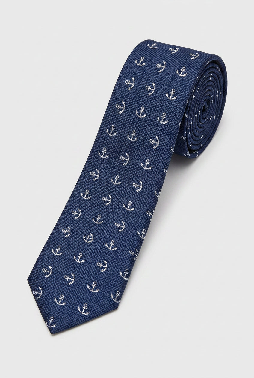 Boys Anchor Patterned Slim Tie - Navy & White