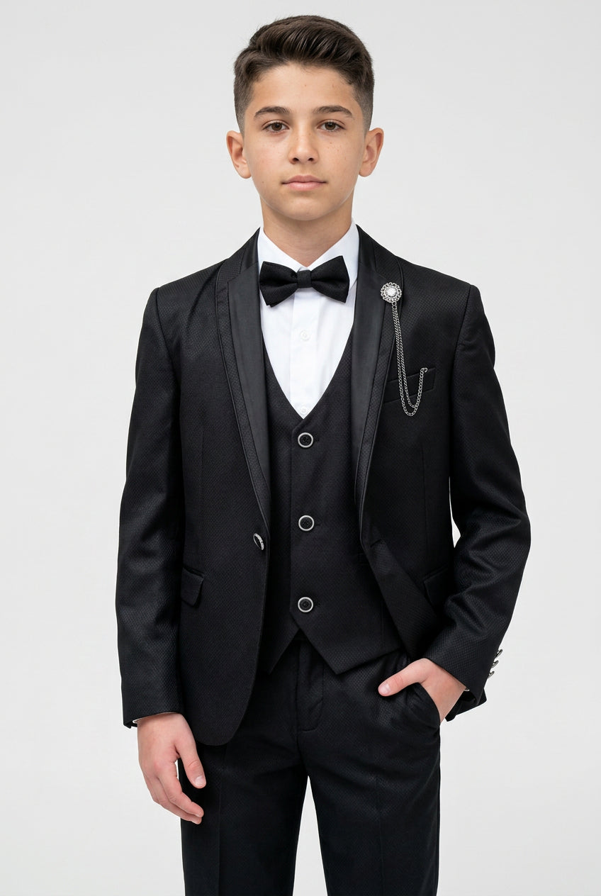 Boys Black 6-Piece Textured Tuxedo Suit - BIYELI
