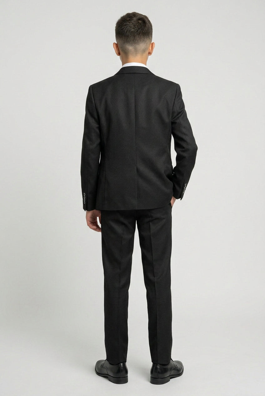 Boys Black 6-Piece Textured Tuxedo Suit - BIYELI
