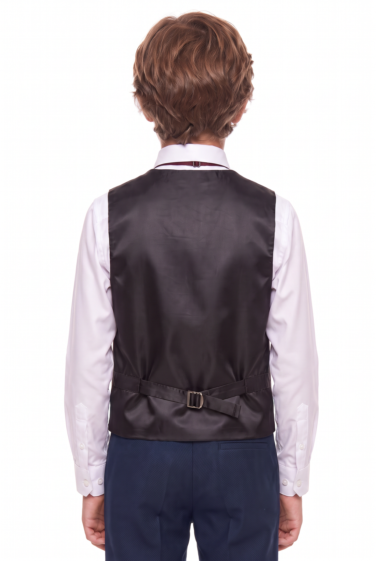 Boys Burgundy 6-Piece Textured Tuxedo Suit - BIYELI Model Waistcoat Back Picture