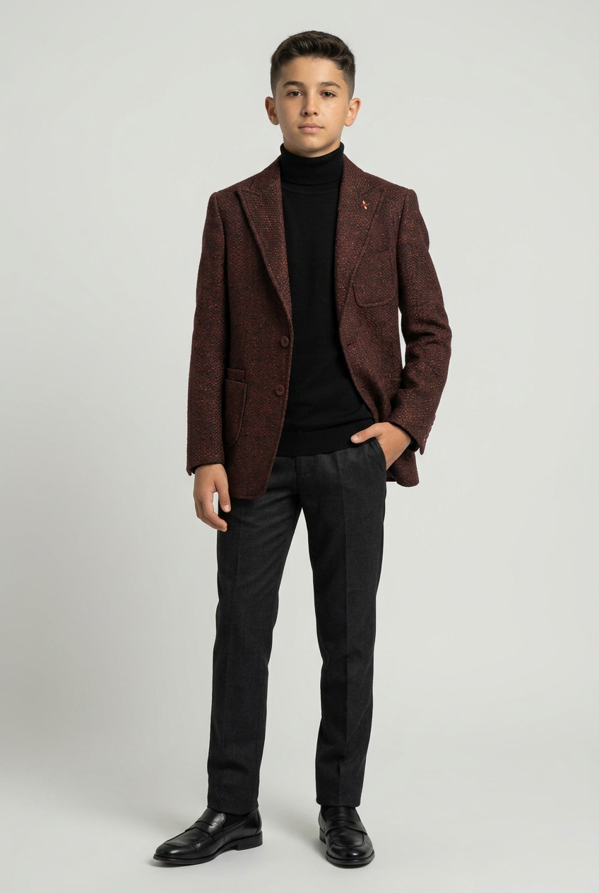 Boys Burgundy Brown Textured Tweed Blazer