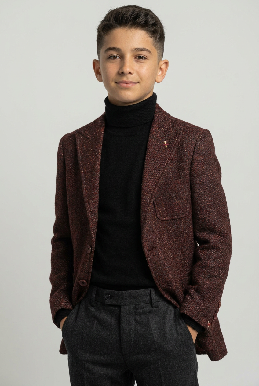 Boys Burgundy Brown Textured Tweed Blazer