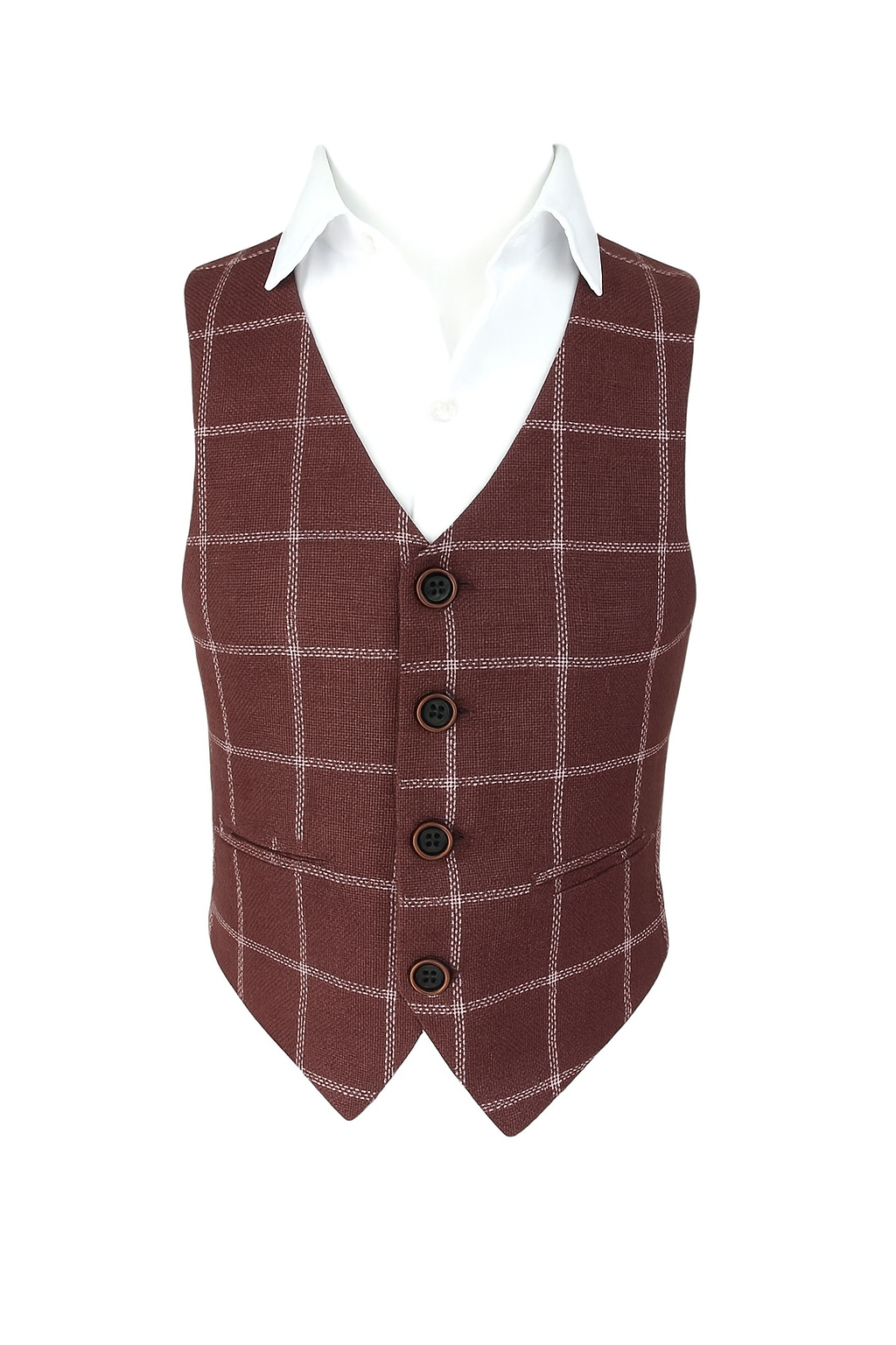 Boys Burgundy Checkered Blazer & Vest Set – Formal 2-Piece Suit