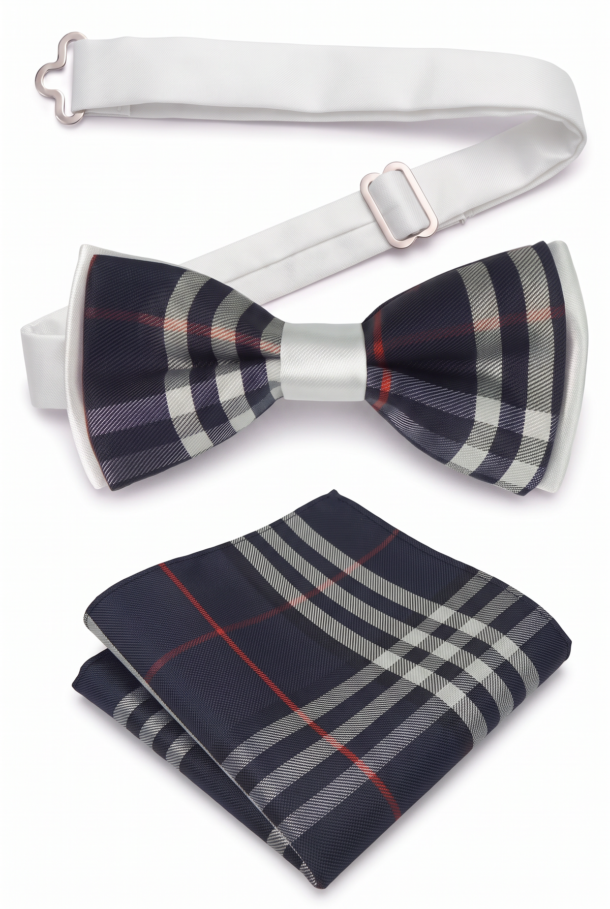Boys Check Bow Tie Burberry Style with Strap - Navy Blue - White