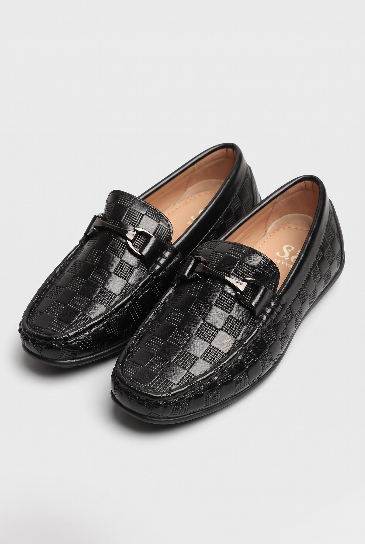 Boys Check Pattern Slip-On Loafer Shoes - Sevva Toto Black Pair Side Picture