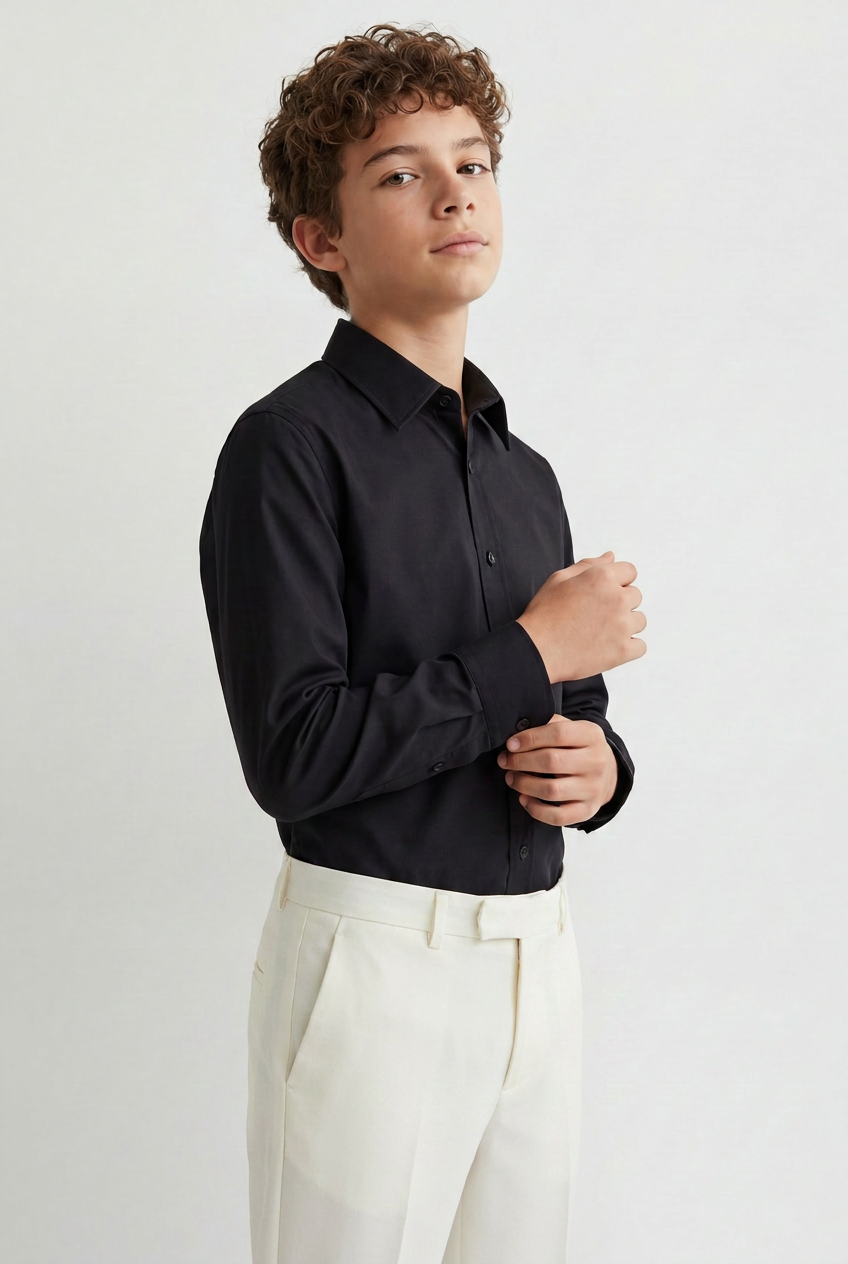 Boys Classic Collar Dress Shirt with Cufflinks - Black