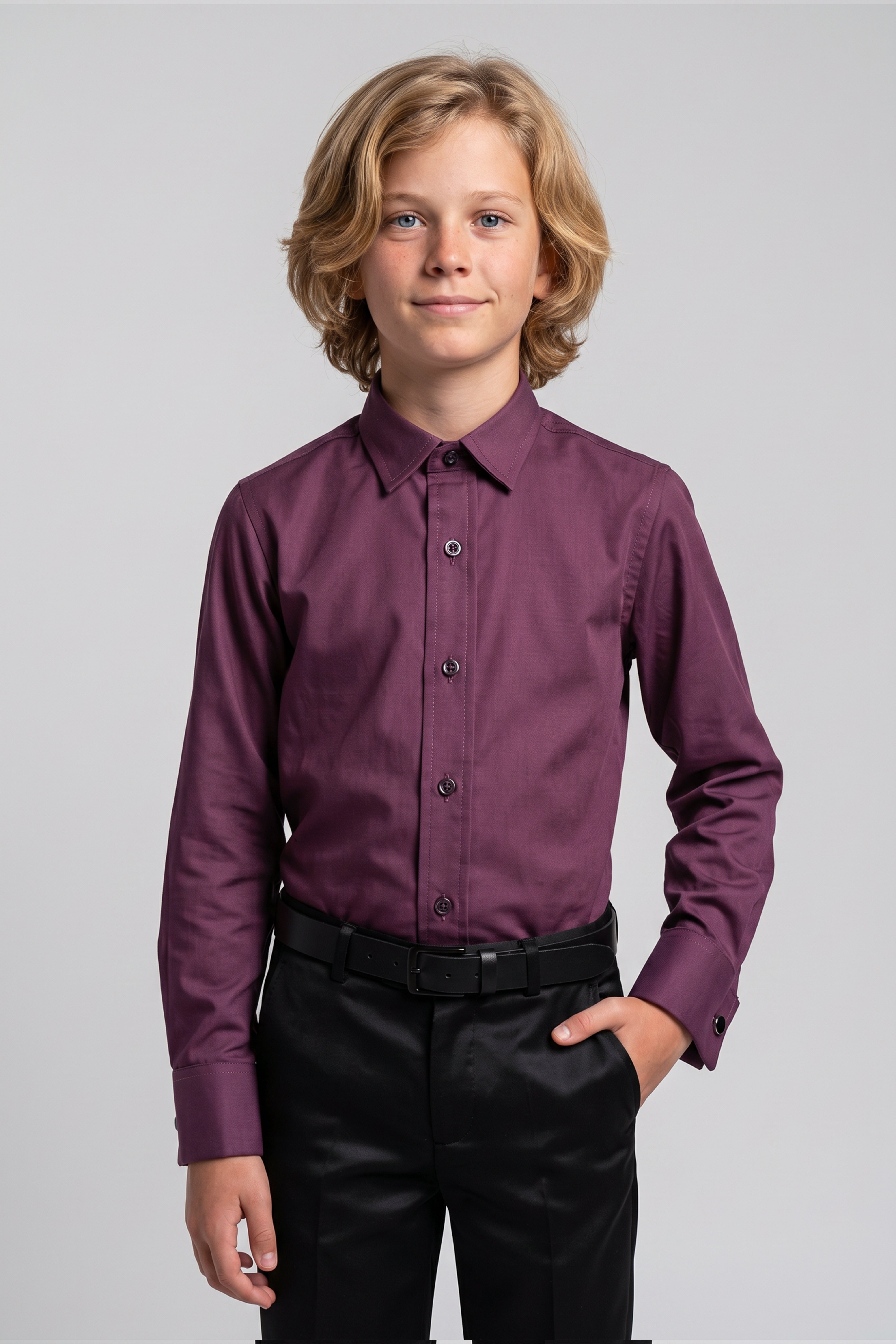 Boys Classic Collar Dress Shirt with Cufflinks - Burgundy Model Front Picture