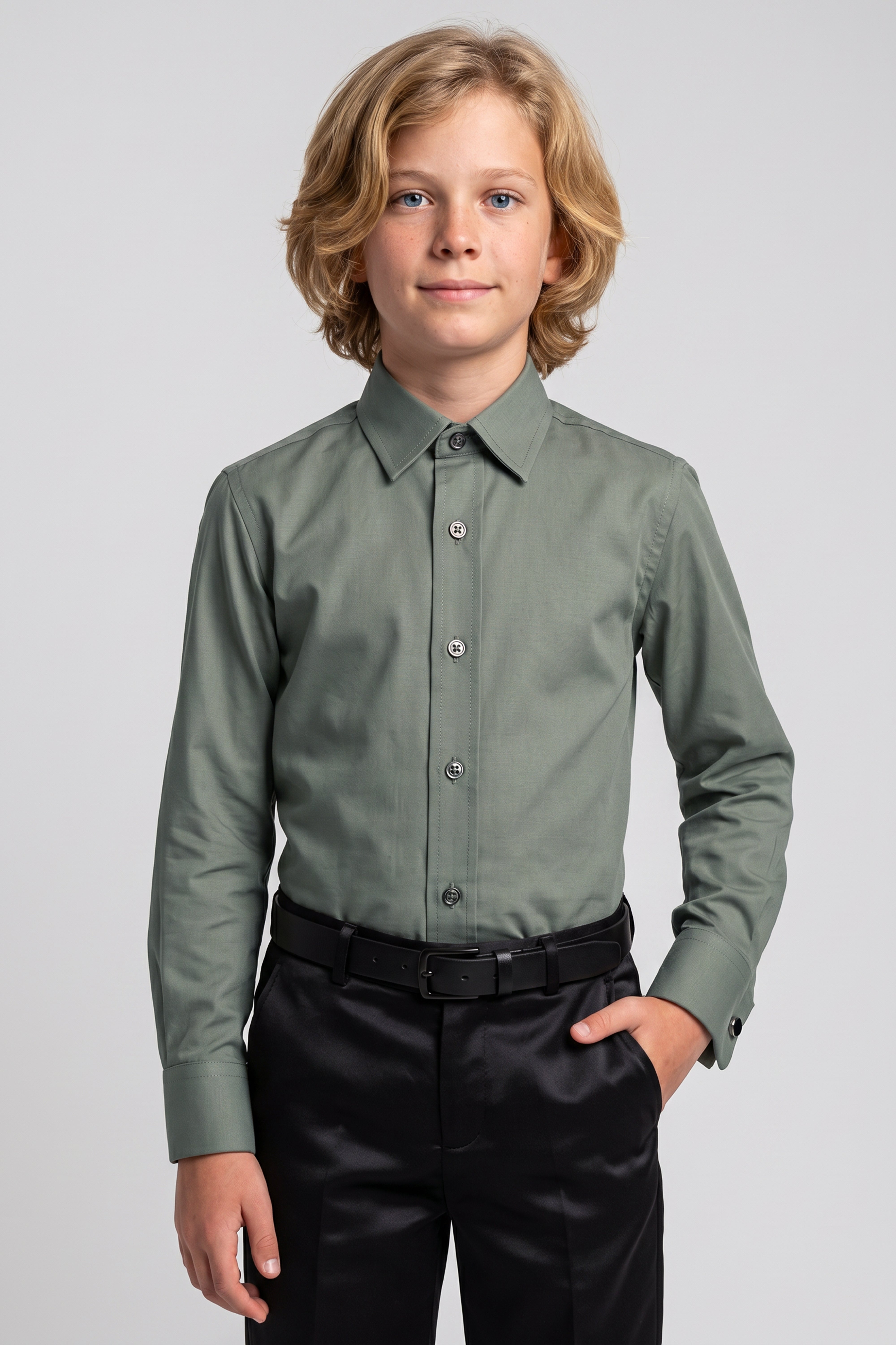 Boys Classic Collar Dress Shirt with Cufflinks - Green Model Front Picture