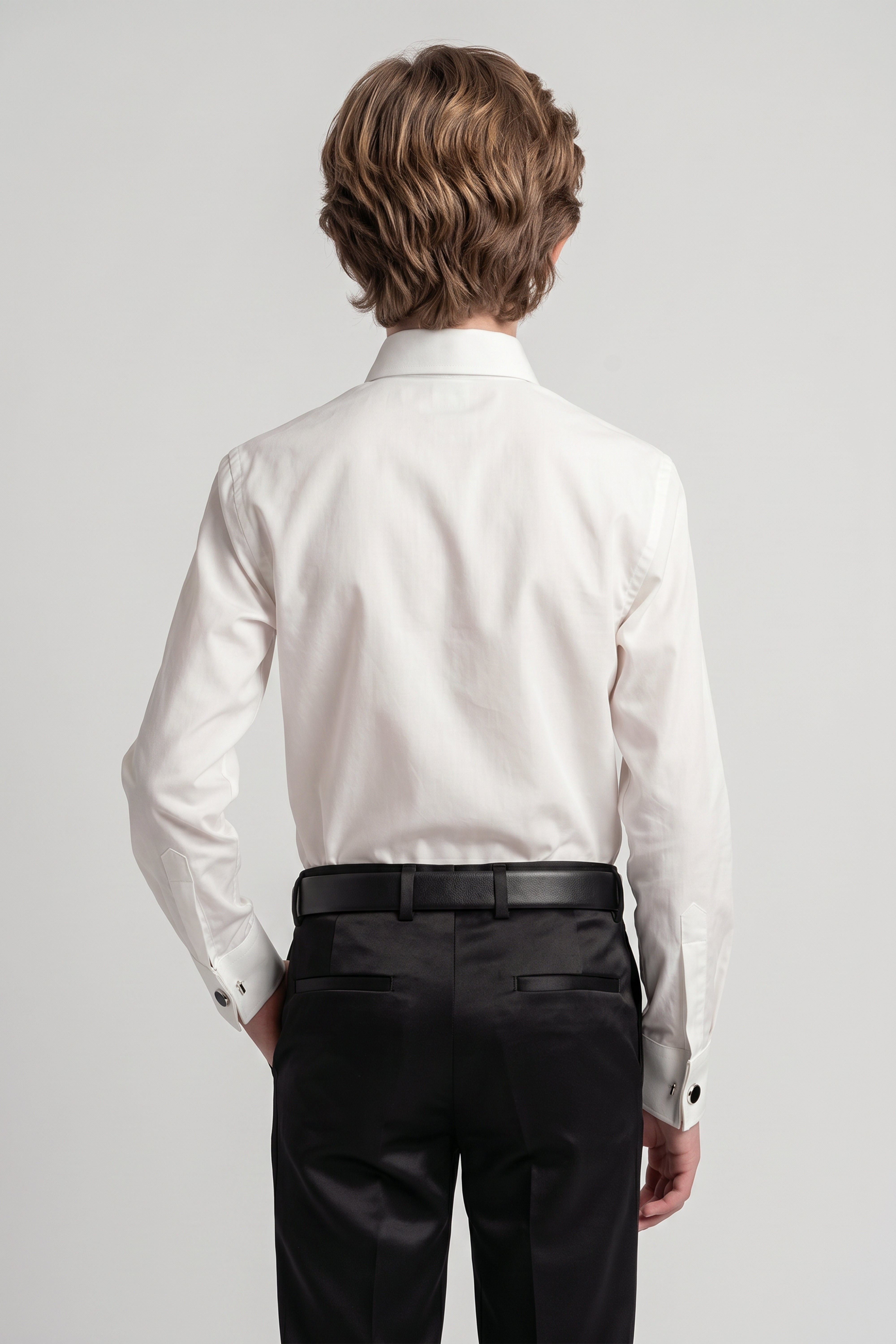 Boys Classic Collar Dress Shirt with Cufflinks - Ivory Model Back Picture