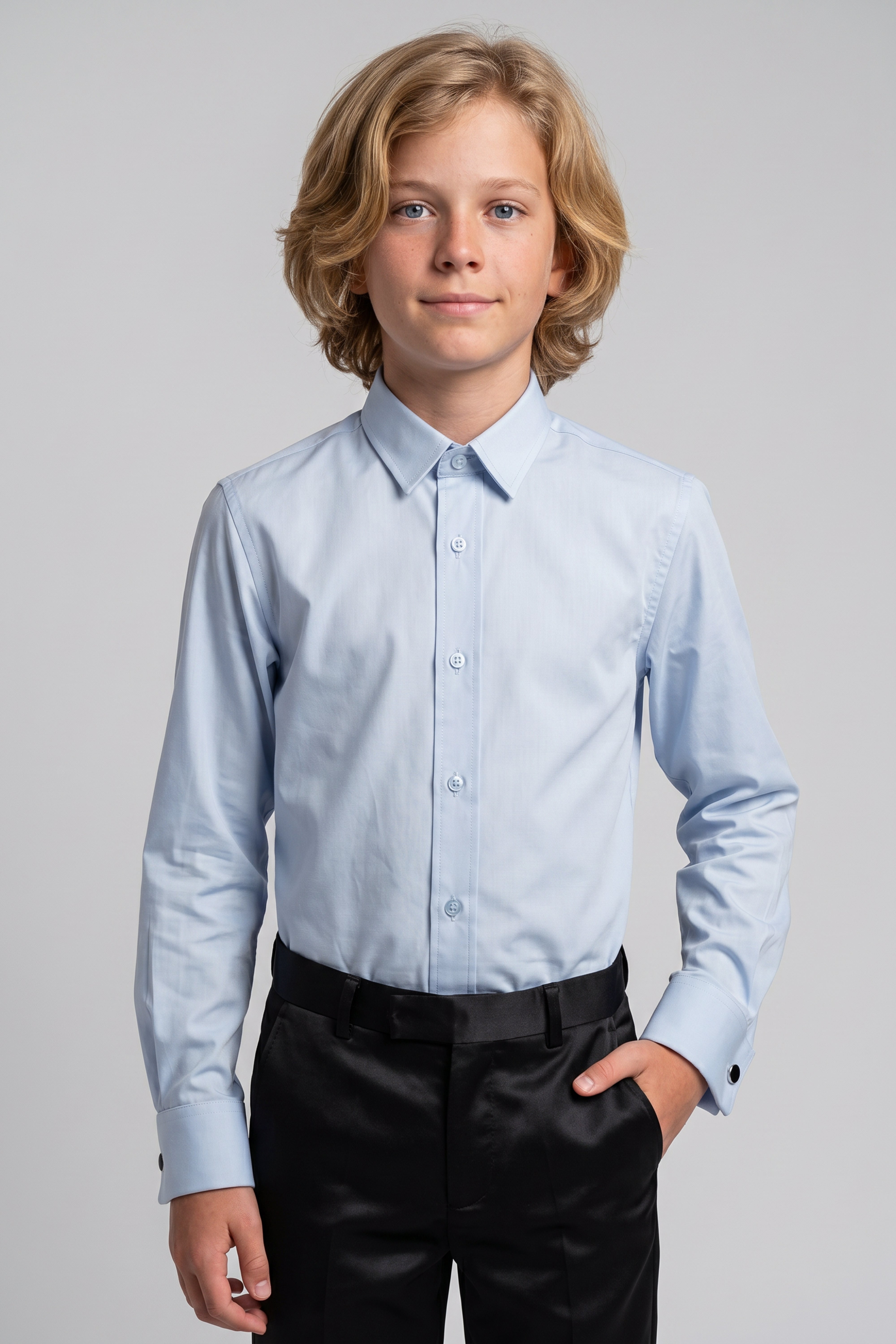 Boys Classic Collar Dress Shirt with Cufflinks - Light Blue Model Picture