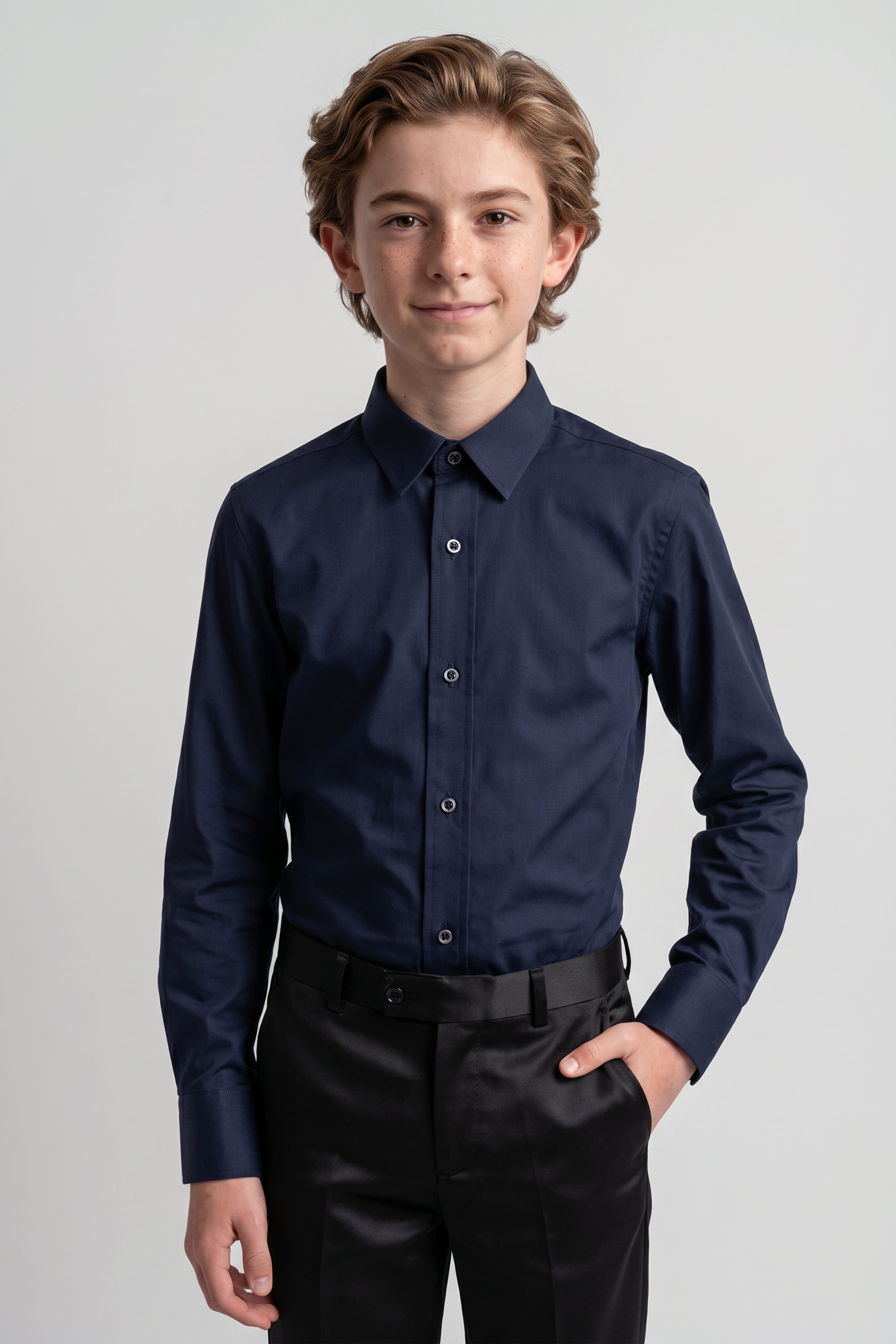 Boys Classic Collar Dress Shirt with Cufflinks - Navy Model Front Picture