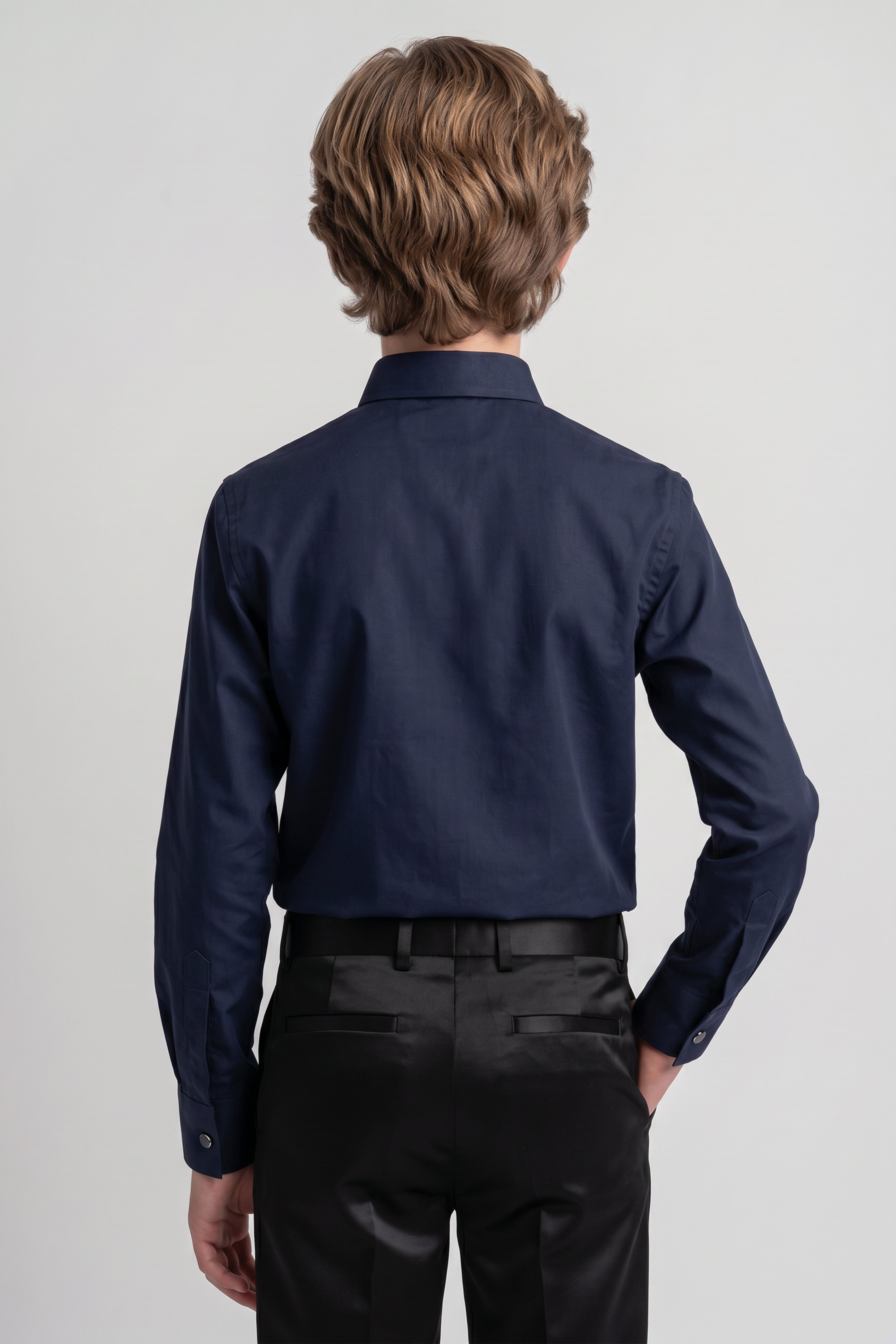 Boys Classic Collar Dress Shirt with Cufflinks - Navy Model Back Picture