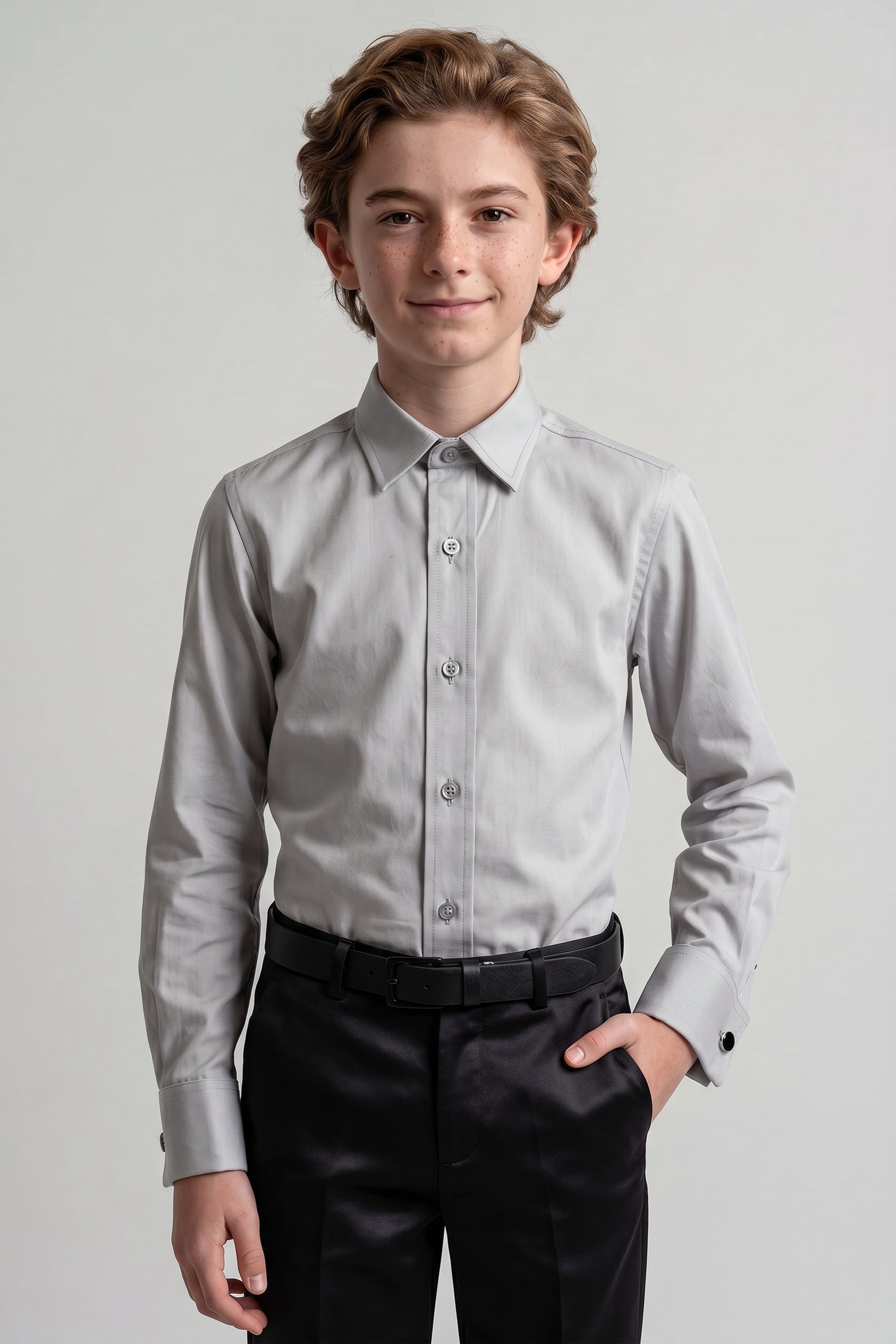 Boys Classic Collar Dress Shirt with Cufflinks - Stone Grey Model Front Picture