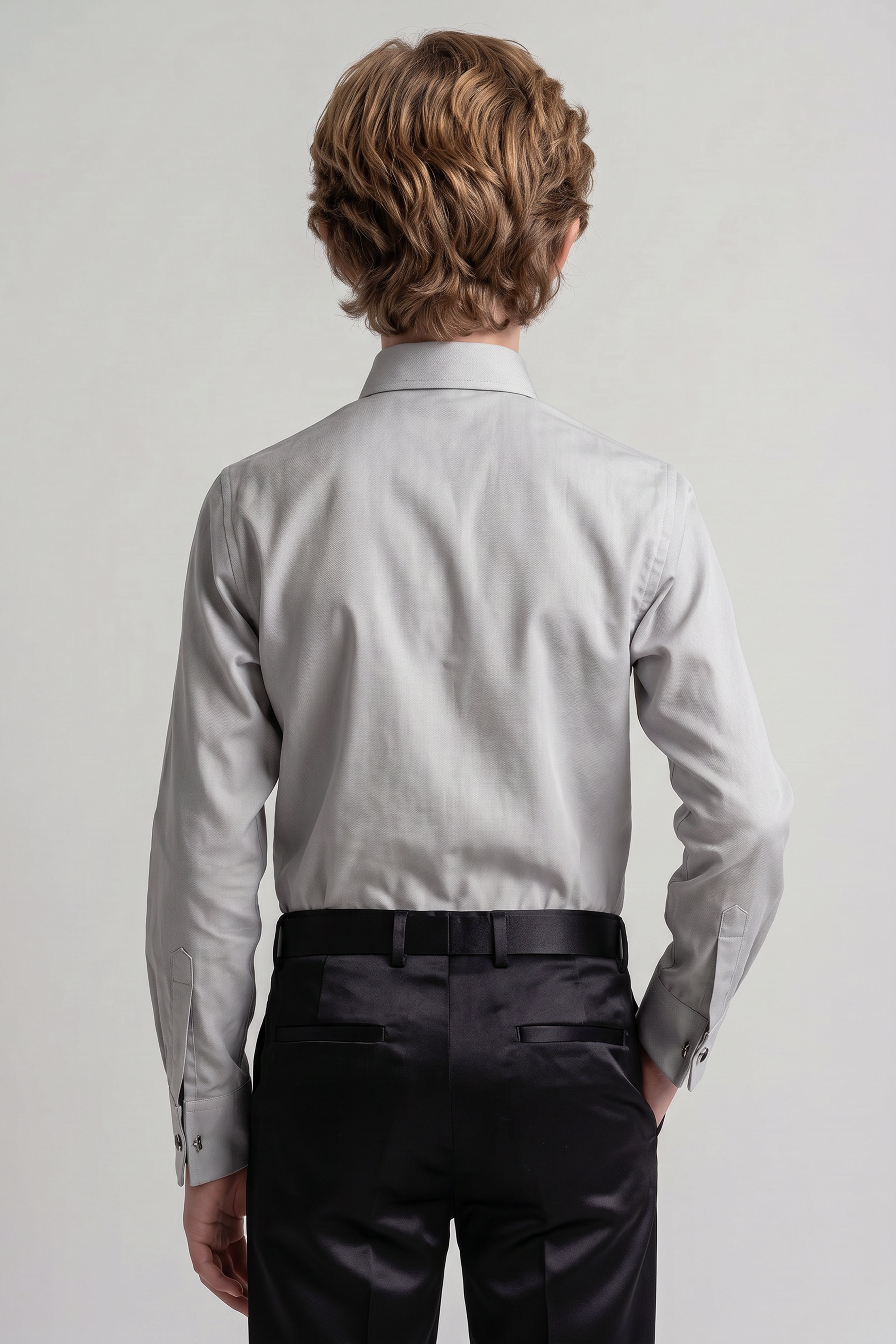 Boys Classic Collar Dress Shirt with Cufflinks - Stone Grey Model Back Picture