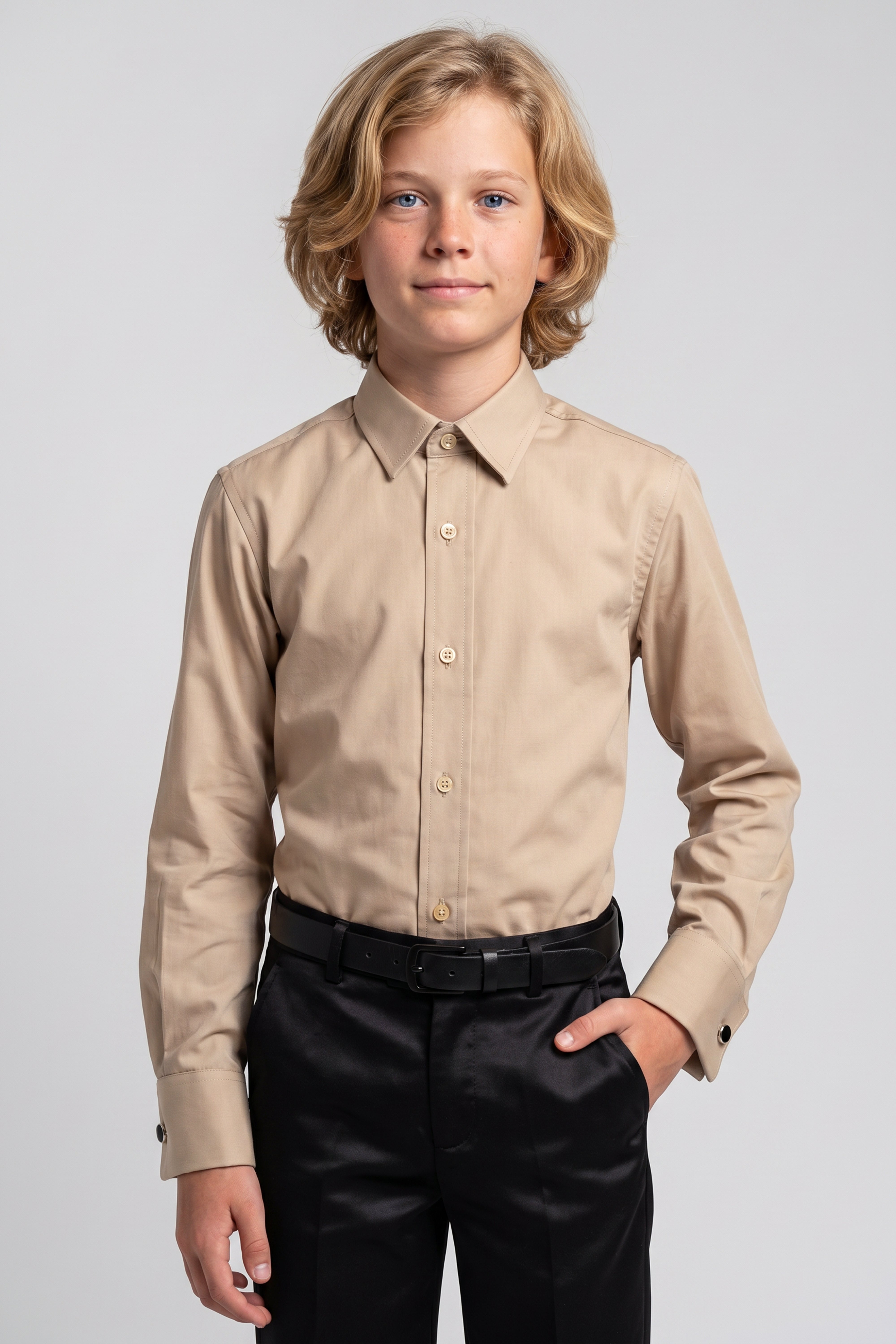 Boys Classic Collar Dress Shirt with Cufflinks - Taupe Beige Model Front Picture