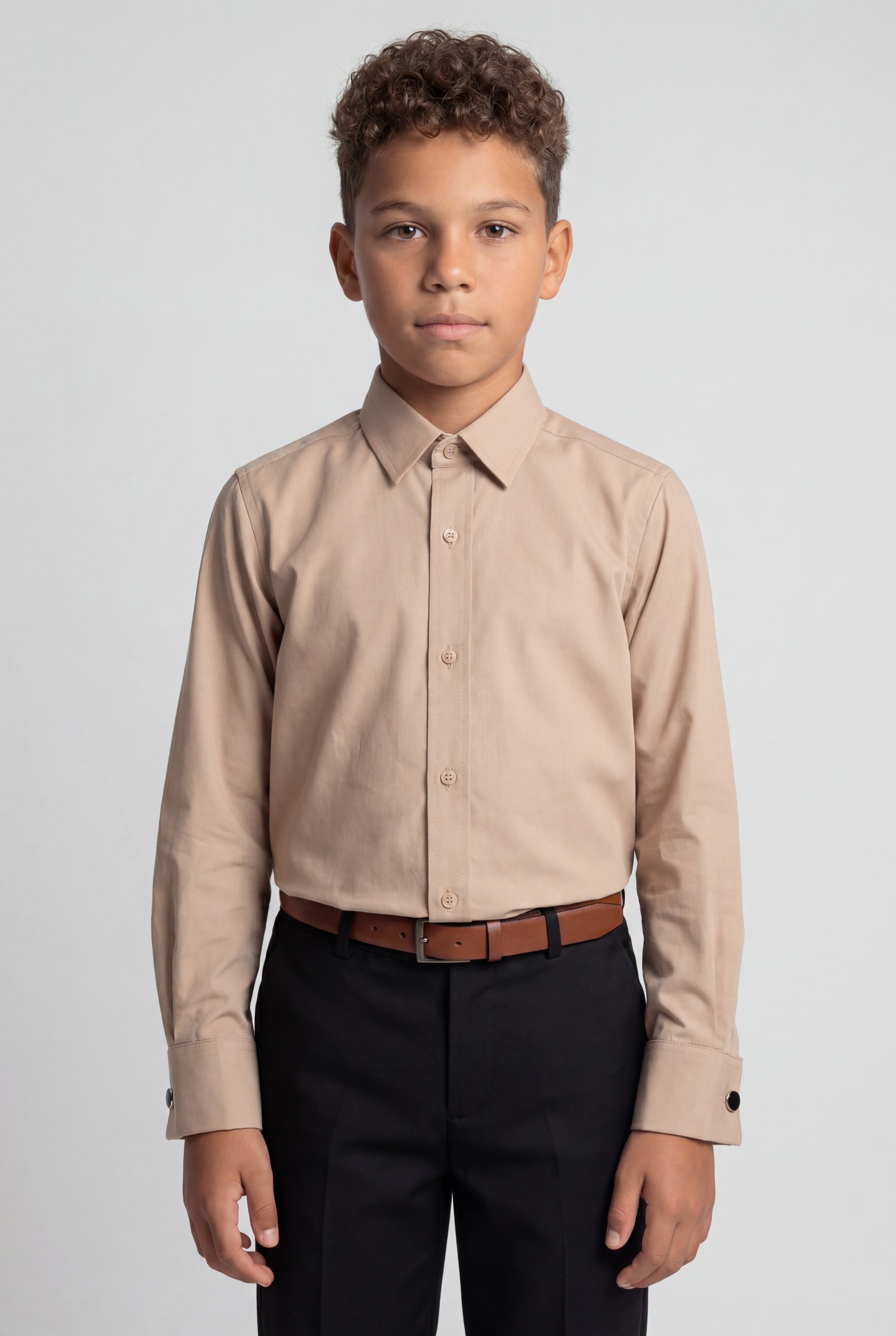 Boys Classic Collar Dress Shirt with Cufflinks - Taupe Beige