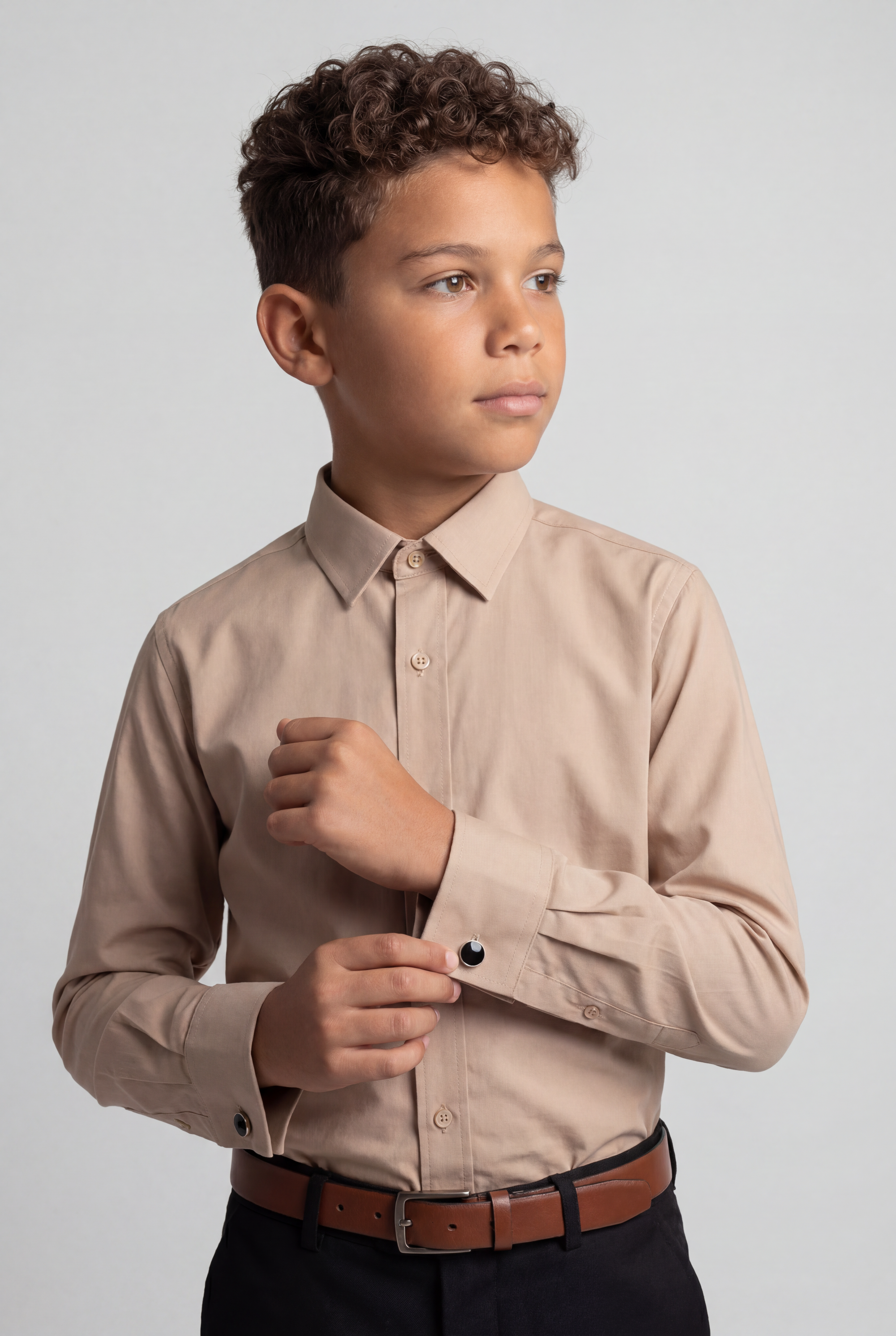 Boys Classic Collar Dress Shirt with Cufflinks - Taupe Beige