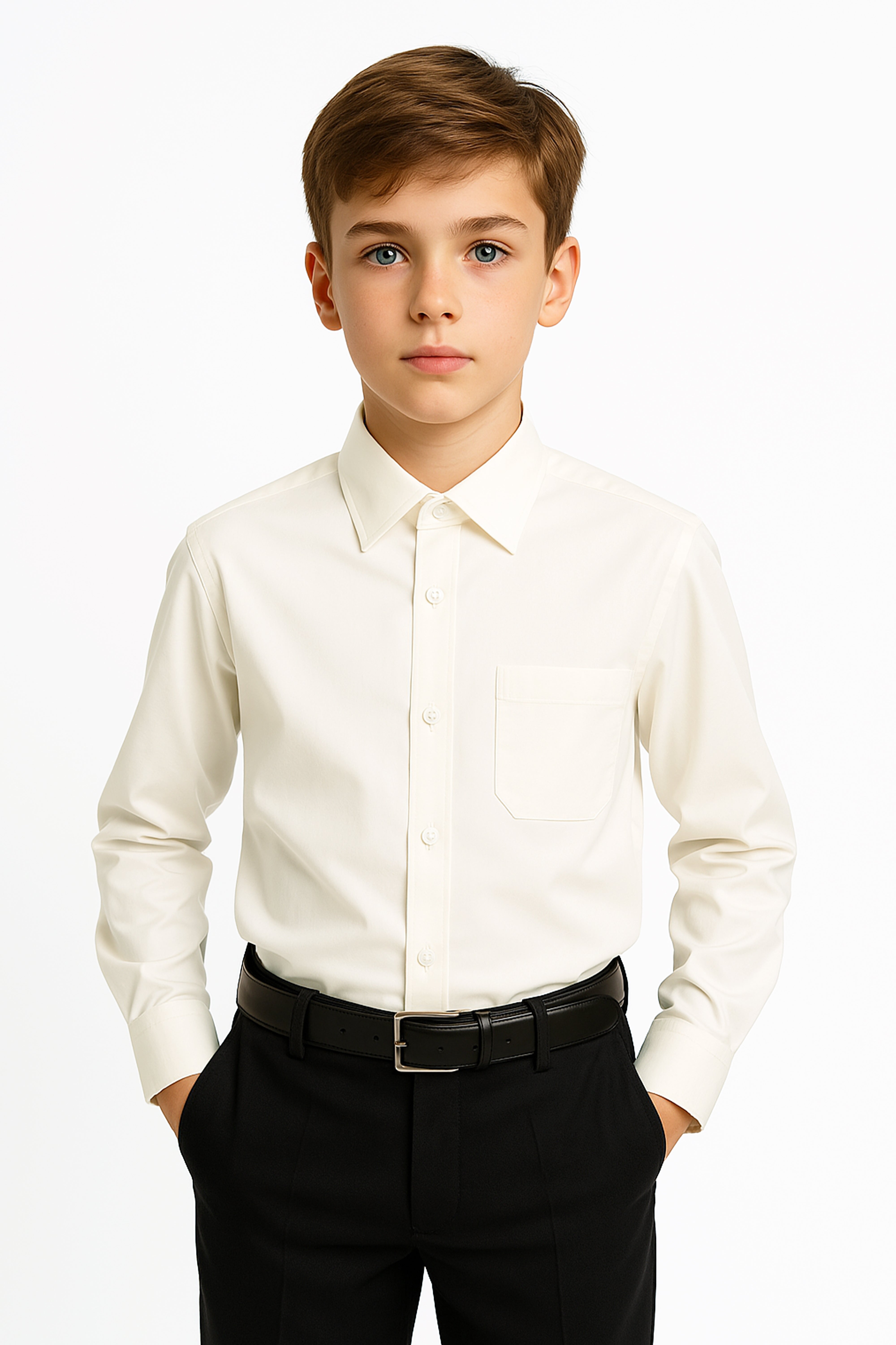 Boys Classic Collar Long Sleeve Shirt - Ivory Front Picture