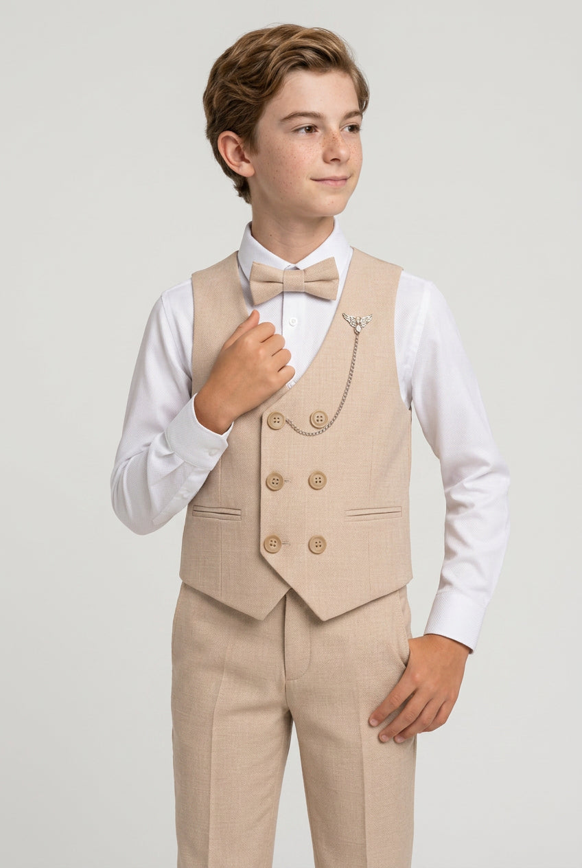 Boys Cotton 5-Piece Double Breasted Waistcoat Suit - BASAK - Beige