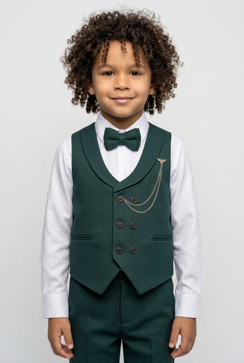 Boys Cotton 5-Piece Double Breasted Waistcoat Suit Set - Dark Green