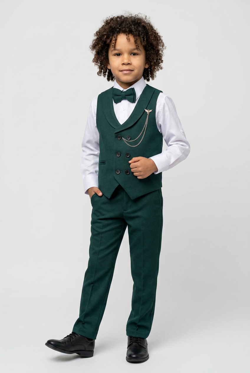 Boys Cotton 5-Piece Double Breasted Waistcoat Suit Set - Dark Green
