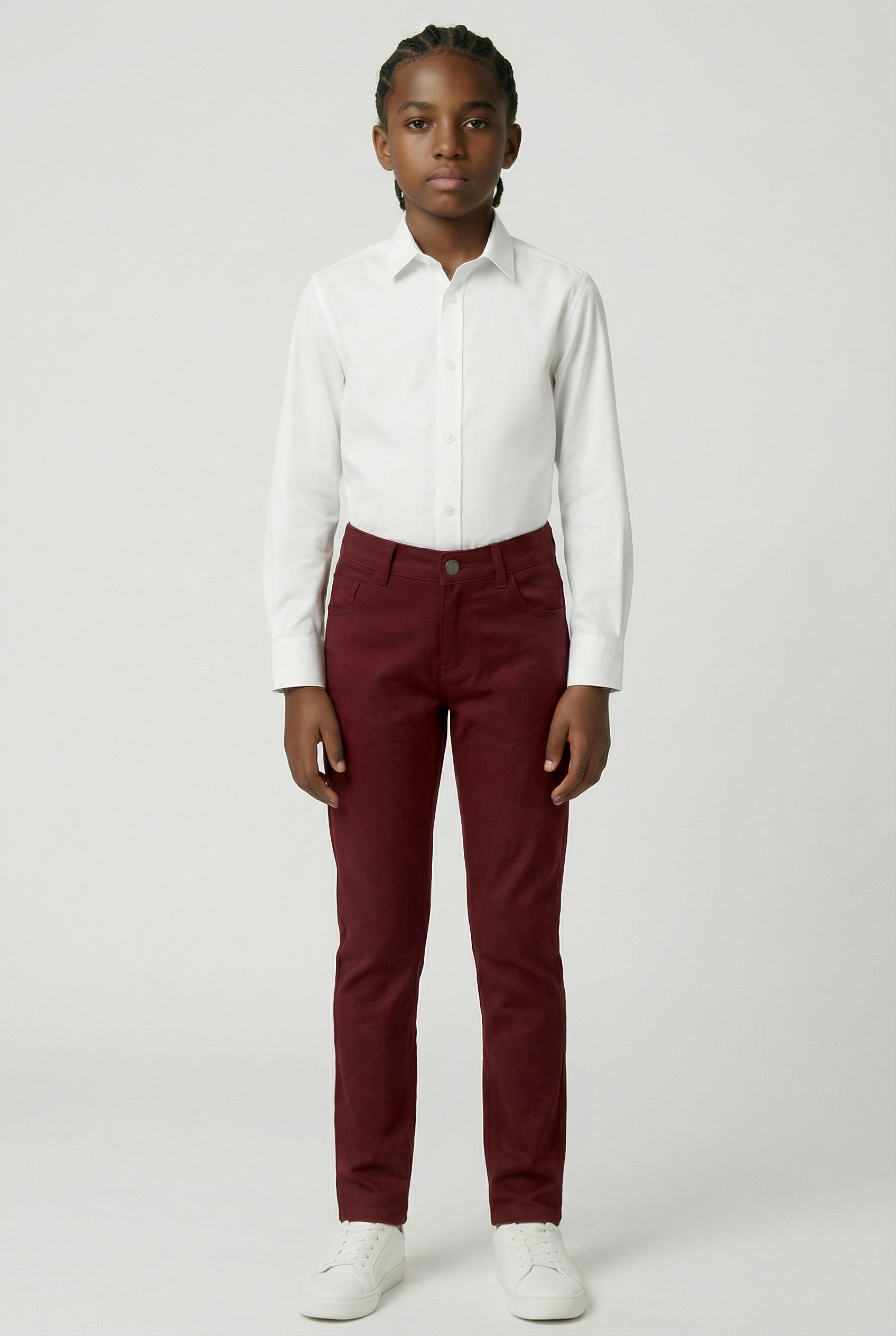 Boys Cotton Casual Stretch Chino Trousers – Burgundy Model Picture
