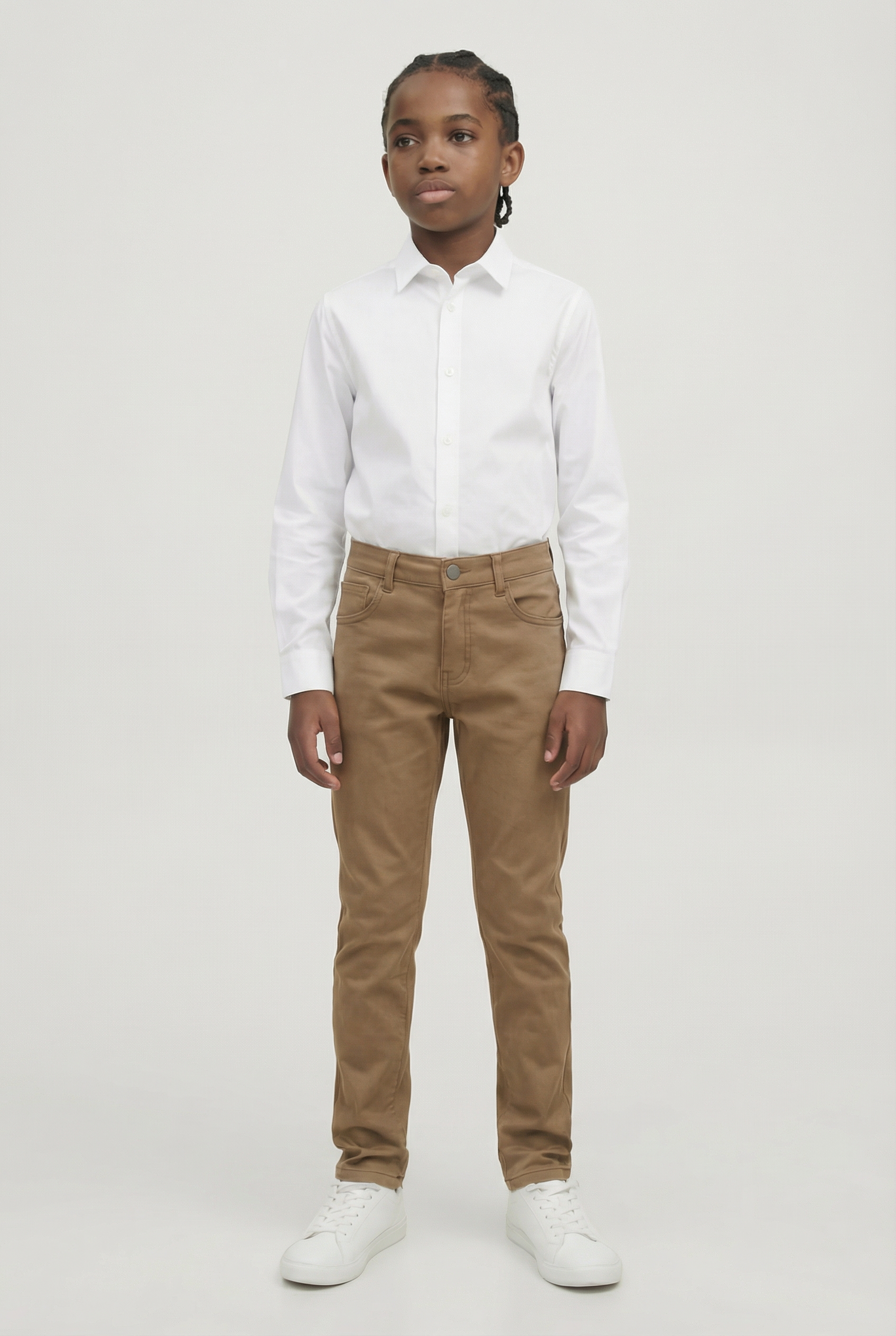 Boys Cotton Casual Stretch Chino Trousers – Khaki Brown Model Picture