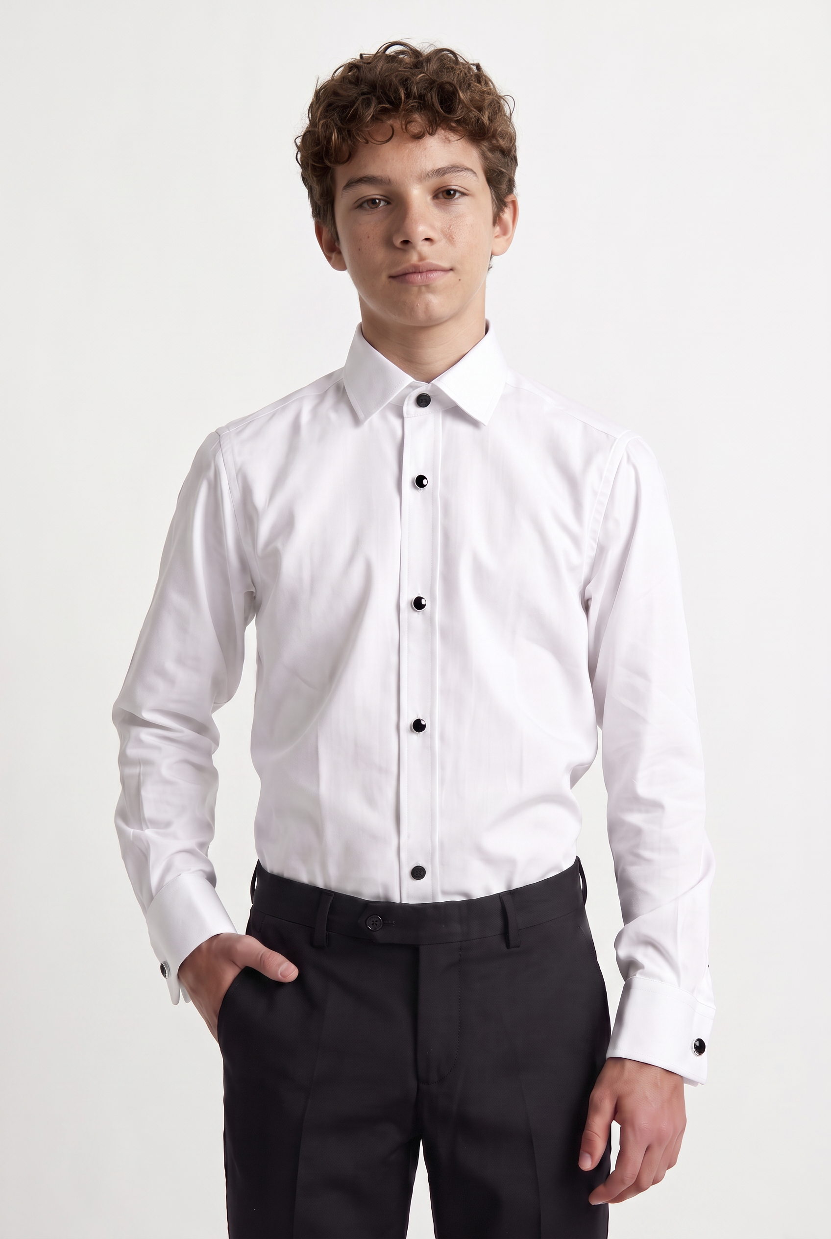 Boys Cotton Dress Shirt with Black Stud Buttons & Cufflinks - White