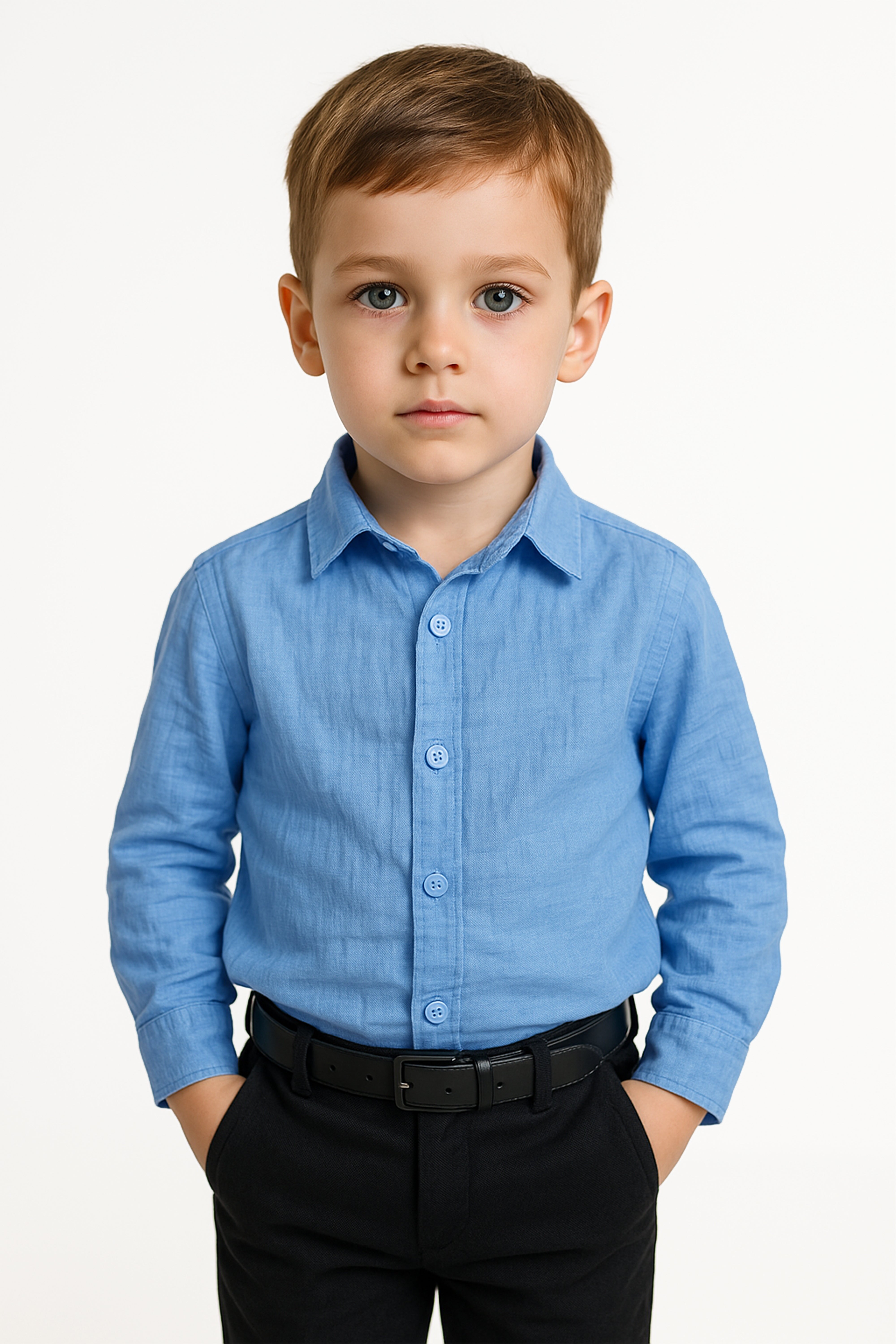 Boys Cotton Linen Classic Collar Shirt - Baby Blue Model Picture