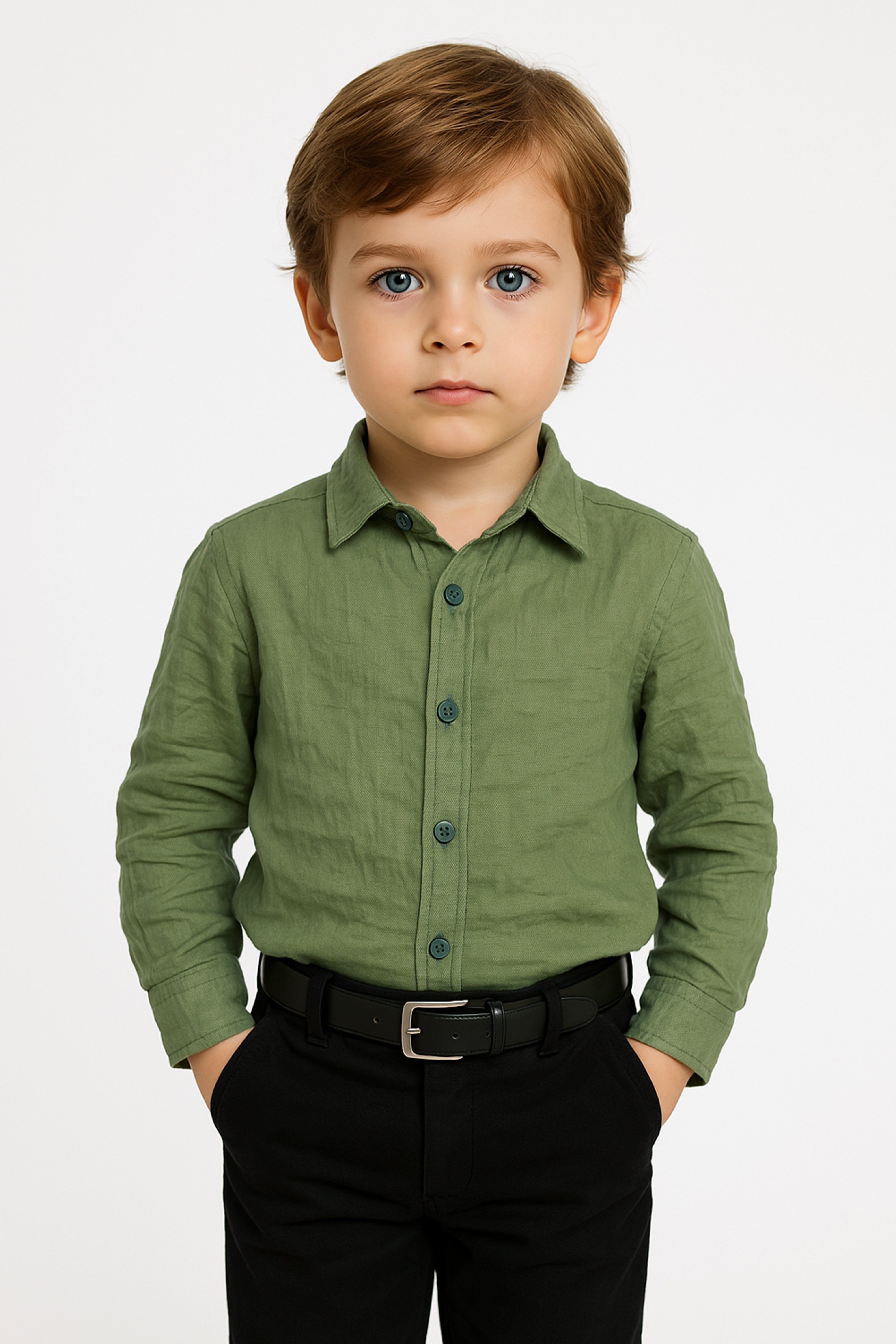 Boys Cotton Linen Classic Collar Shirt - Dark Green Model Picture