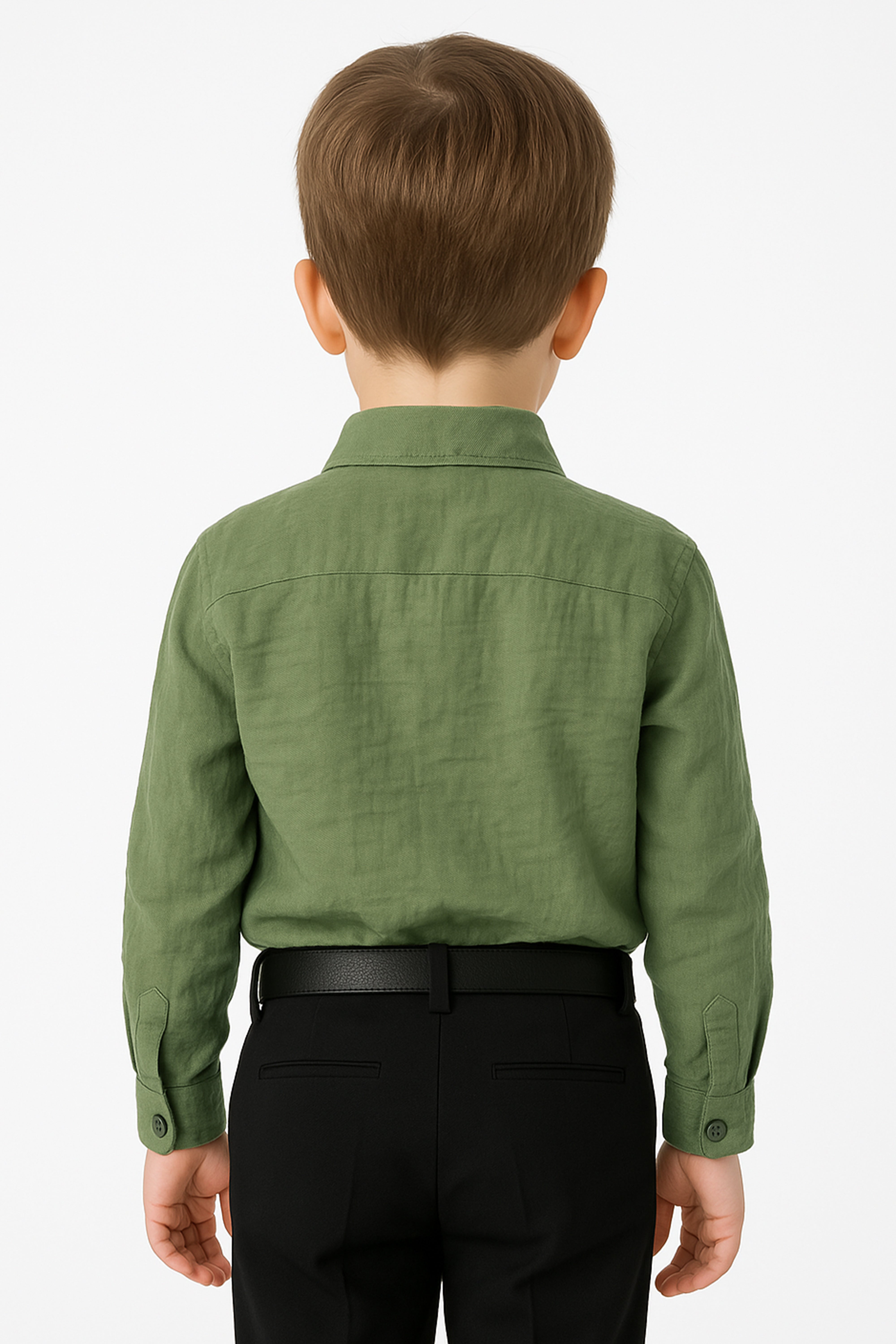 Boys Cotton Linen Classic Collar Shirt - Dark Green Back Picture