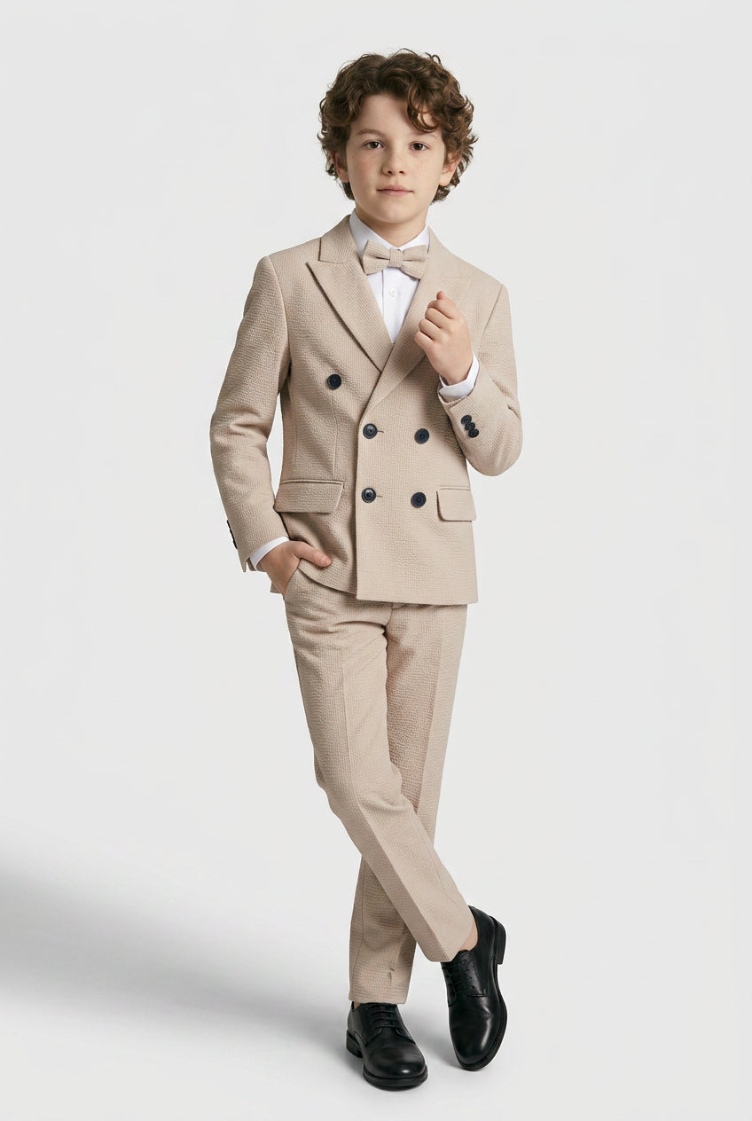 Boys Cotton Seersucker Double Breasted Suit - Beige
