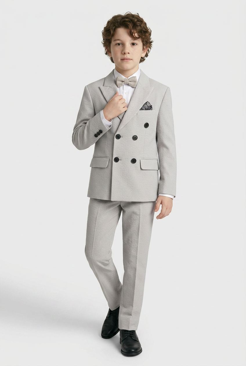 Boys Cotton Seersucker Double Breasted Suit - Grey
