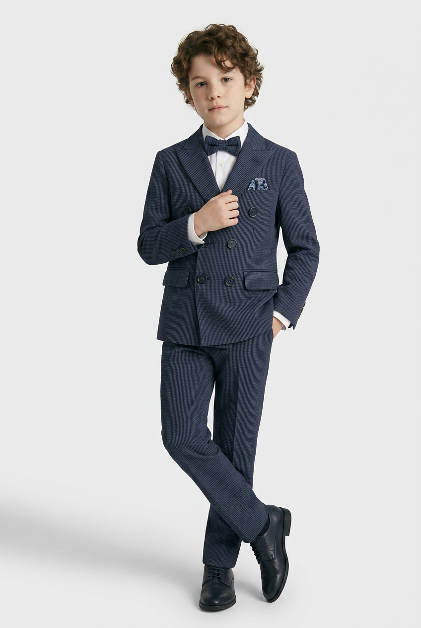 Boys Cotton Seersucker Double Breasted Suit - Navy