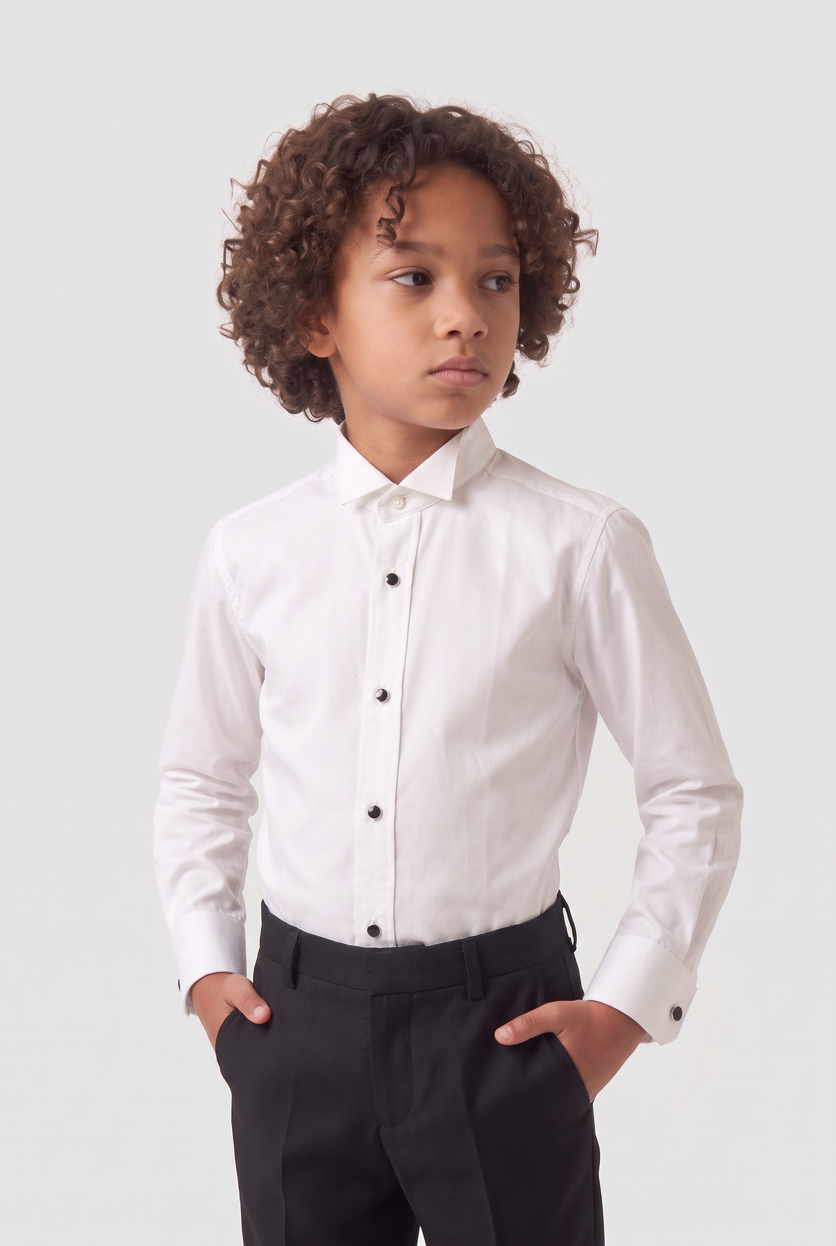 Boys Cotton Tuxedo Shirt with Black Stud Buttons & Cufflinks - Ivory Model Picture