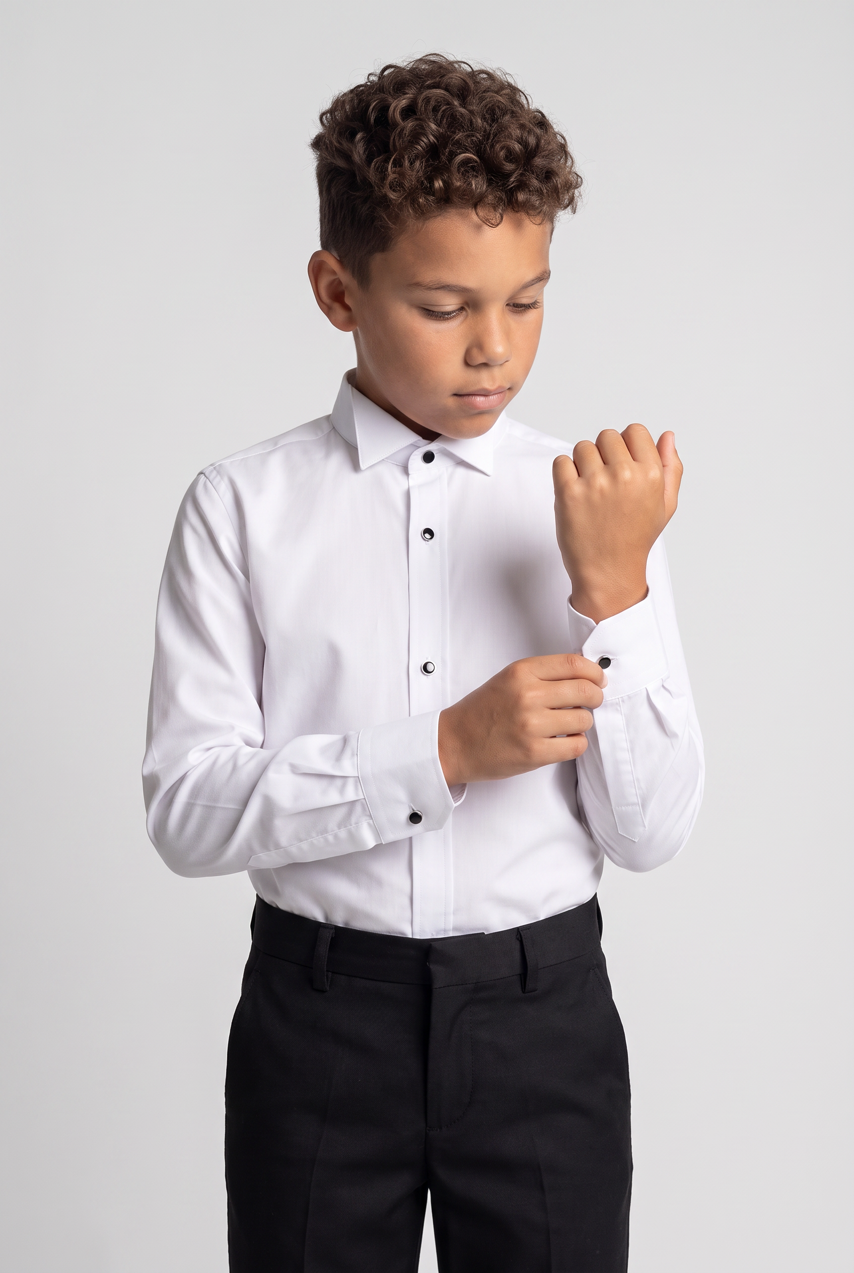 Boys Cotton Tuxedo Shirt with Black Stud Buttons & Cufflinks - White